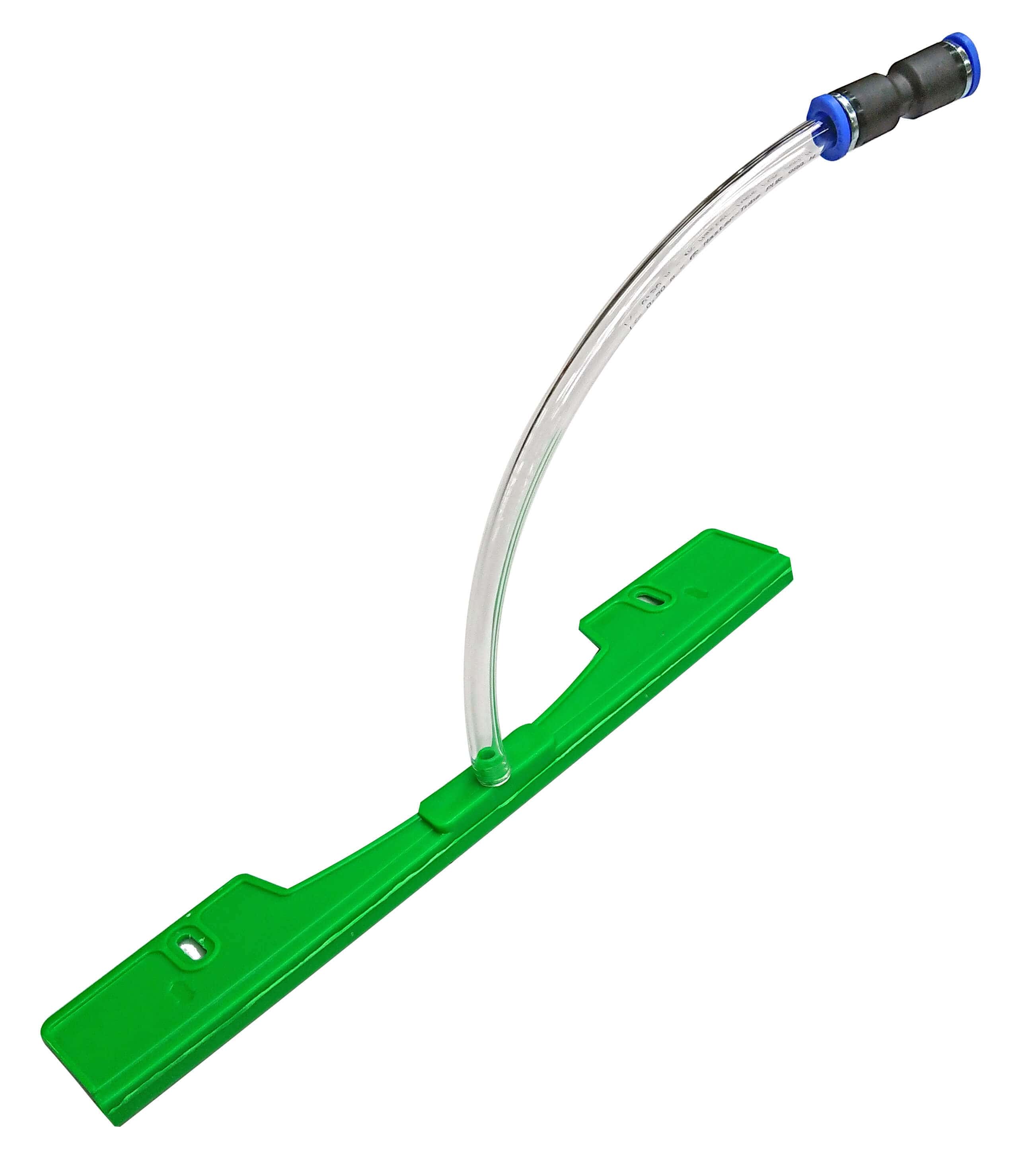 Grüner Mopphalter mit Schlauch Grüner Mopphalter mit angeschlossenem transparentem Schlauch und blauem Anschluss für die professionelle Bodenreinigung und -pflege