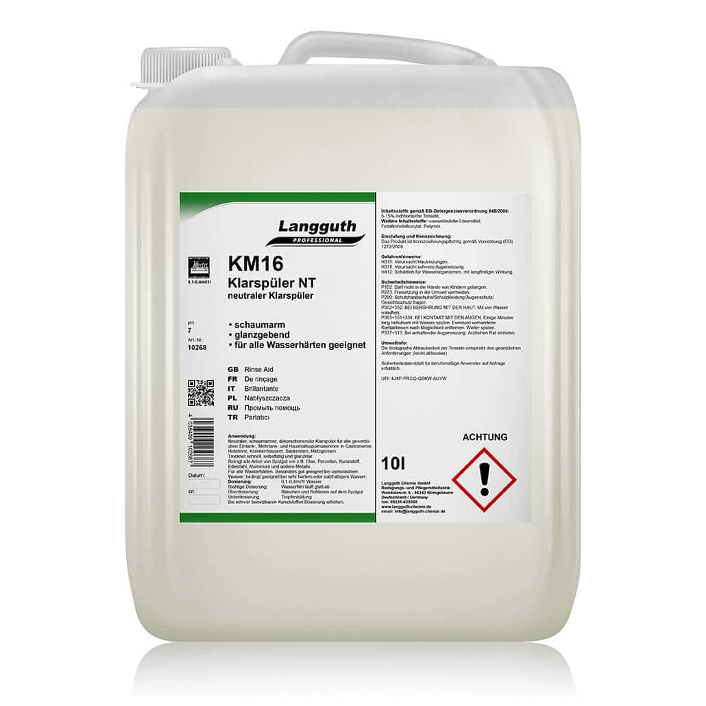 Langguth Profi Klarspüler 10 Liter Kanister Langguth Professional Klarspüler im 10-Liter-Kanister mit klarem Produktetikett für den professionellen Geschirrspülgebrauch