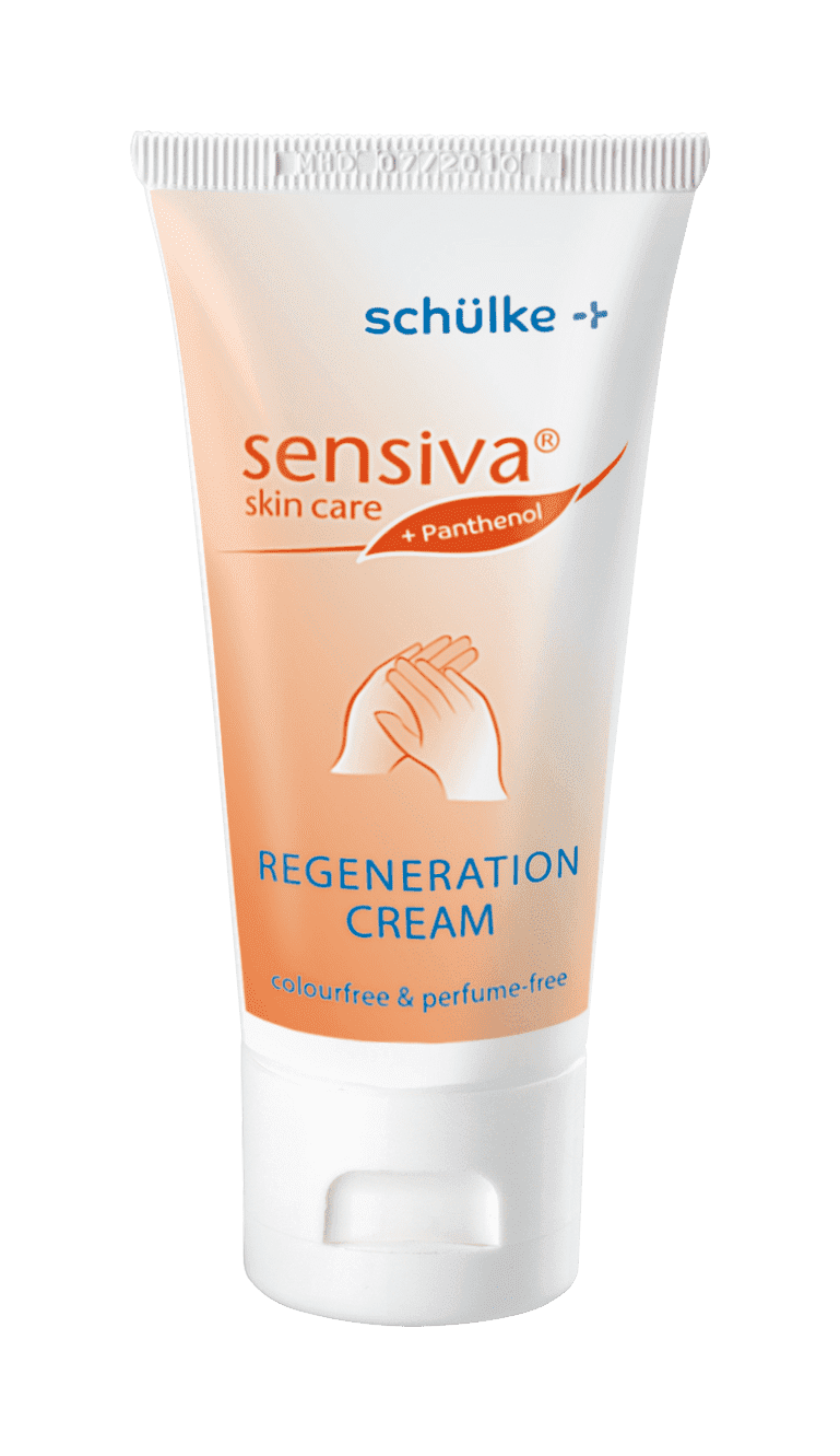 Schulke Sensiva Regenerationscreme Schulke Sensiva Regenerationscreme in weißer Tube mit orangefarbenem Logo für professionelle Hautpflege und Handschutz