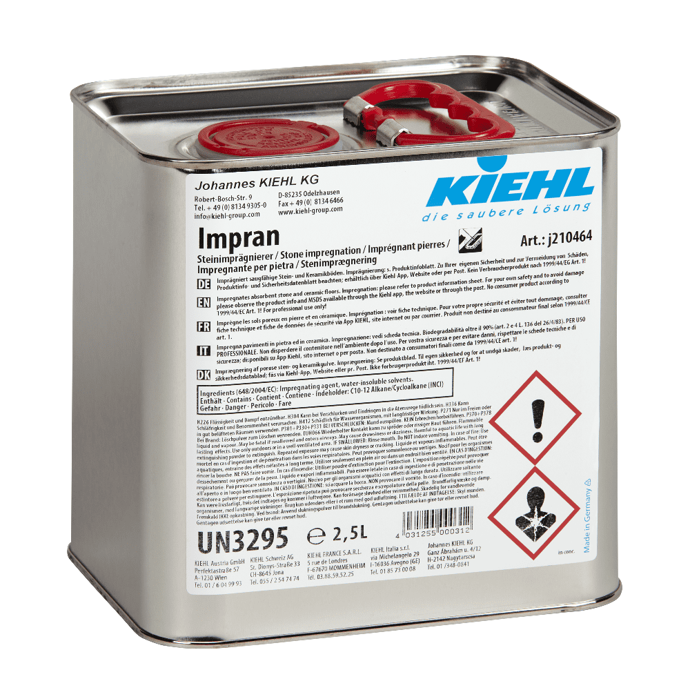Impran Steinimprägnierung 2,5 Liter Impran-Steinimprägniermittel im 2,5-Liter-Kanister mit Sicherheitsetiketten.