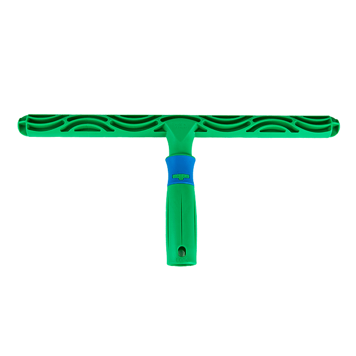 Fensterwischer mit grünem Gummi und blauem Griff für die Reinigung von Glasflächen Fensterwischer mit grünem Gummi und blauem Griff für die Reinigung von Glasflächen