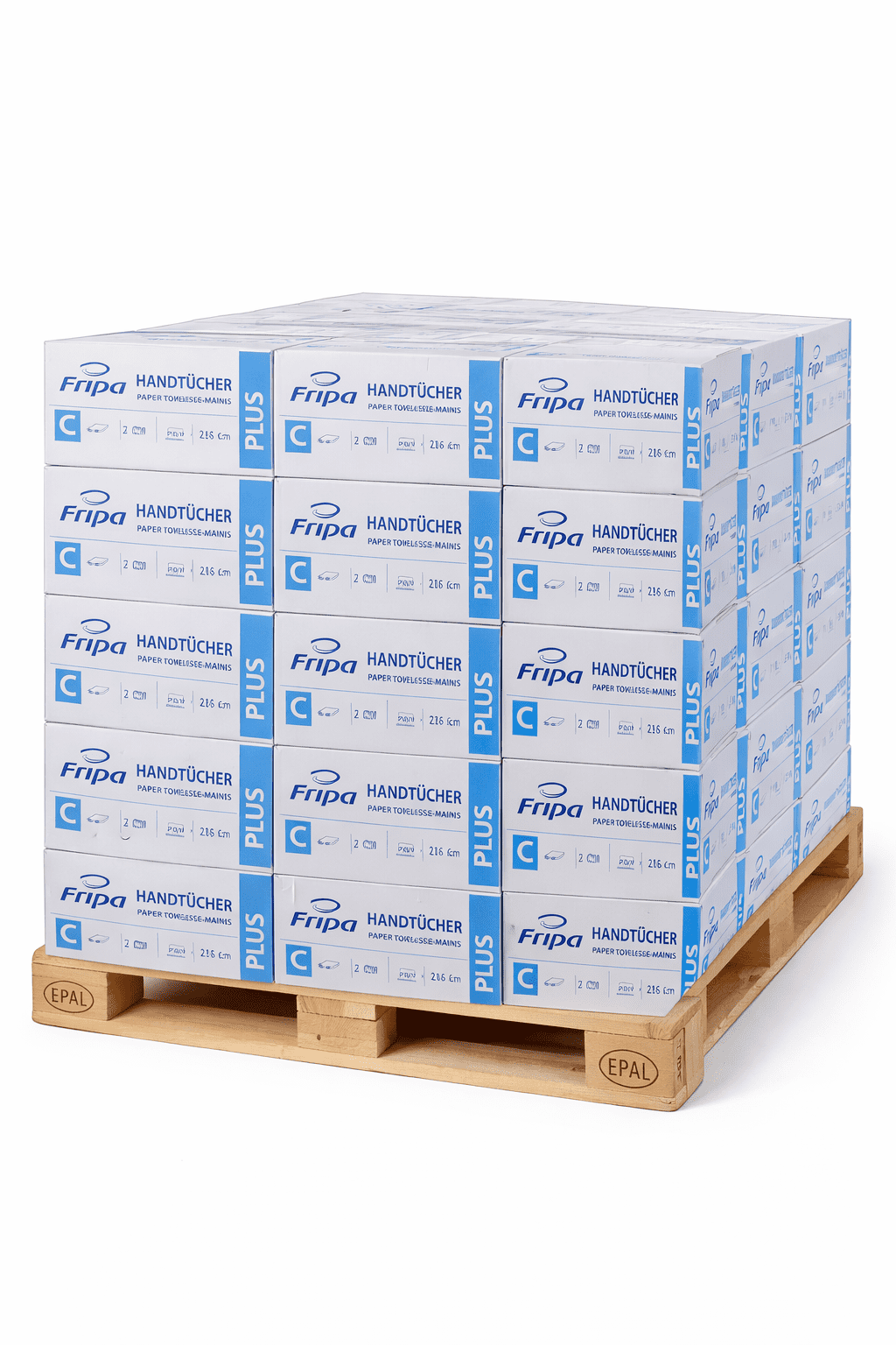 Fripa Plus Handtücher auf Europalette, weiße Papierhandtücher im Großpack für professionelle Gebäudereinigung Fripa Plus Handtücher auf Europalette, weiße Papierhandtücher im Großpack für professionelle Gebäudereinigung