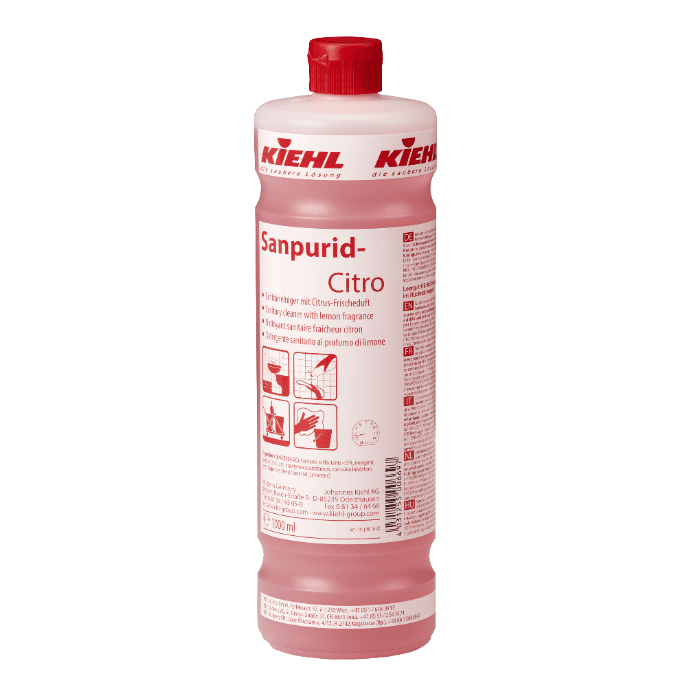 Kiehl Sanpurid-Citro Desinfektionsreiniger Kiehl Sanpurid-Citro Desinfektionsreiniger in einer 1-Liter-Flasche mit rotem Verschluss.