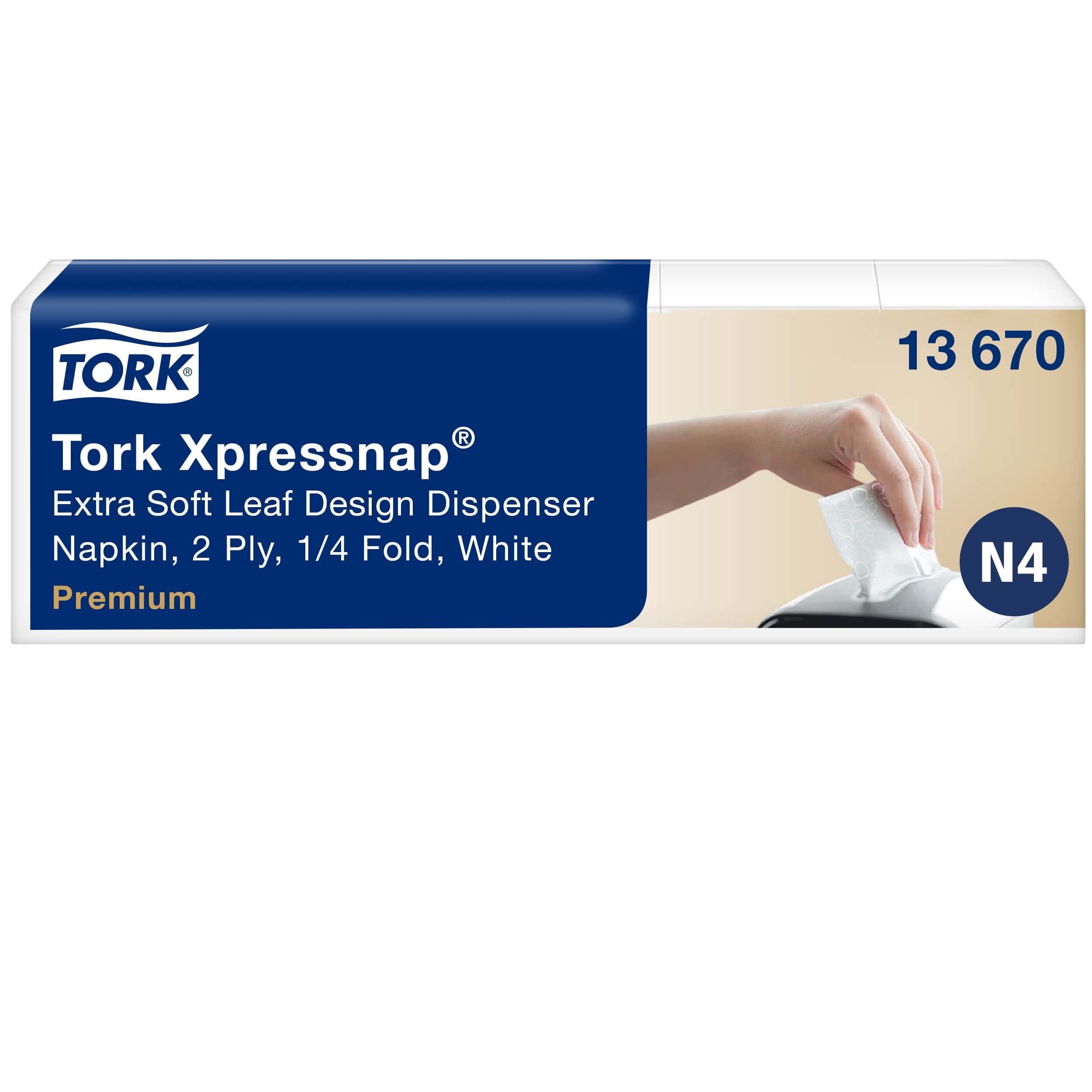 Tork Xpressnap Extra weicher Serviettenspender Tork Xpressnap® extra weiche Serviettenbox mit Hand, die nach der Serviette greift.