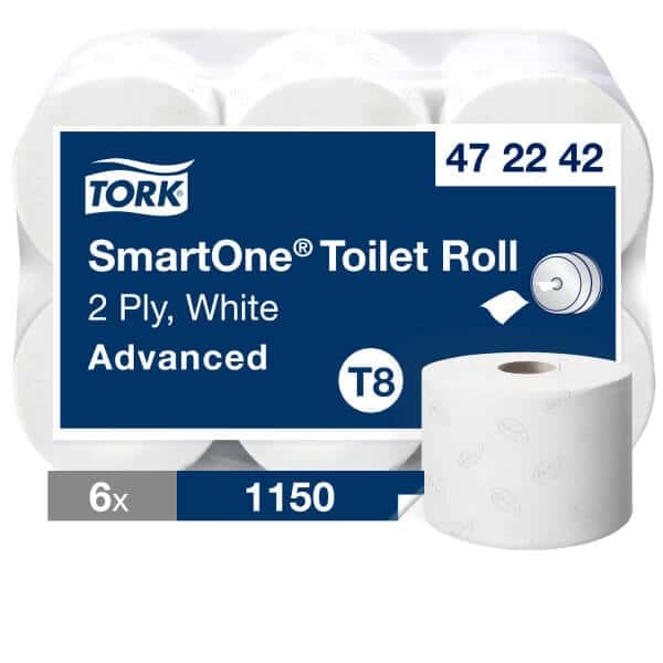 Tork SmartOne Toilettenpapierrolle, 6er-Pack Tork SmartOne Toilettenpapierrollenpaket mit 6 weißen 2-lagigen Papierrollen mit Blattmuster für professionelle Waschräume