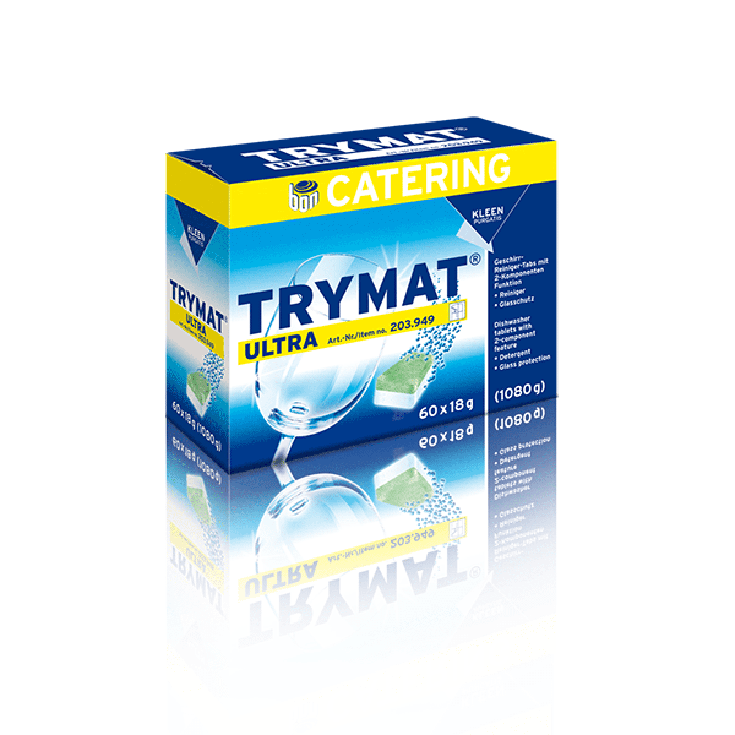 TRYMAT ULTRA Geschirrspültabs 60x18g TRYMAT ULTRA Geschirrspültabs Verpackung mit 60x18g Tabs sichtbar.