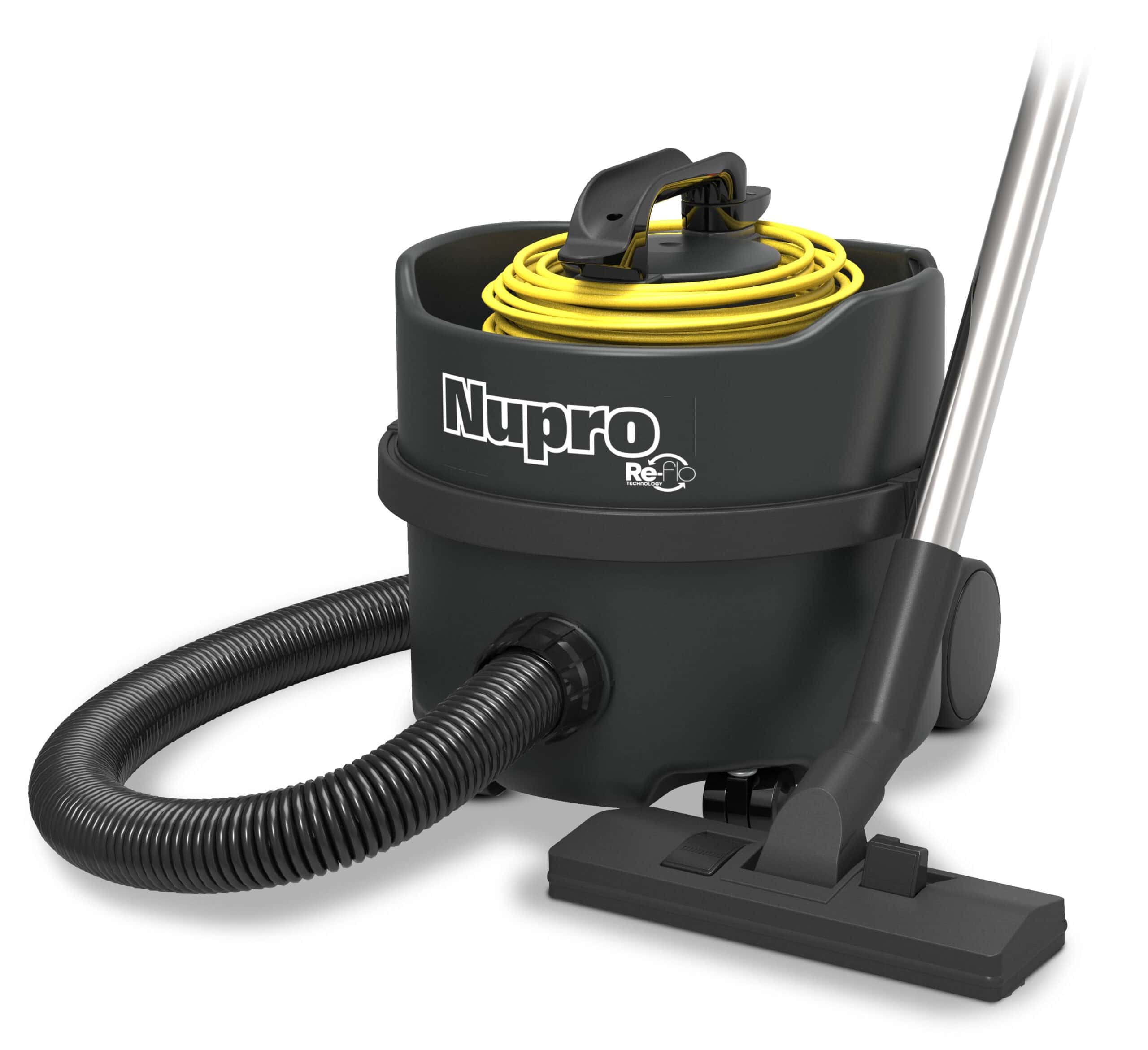 Nupro Trockensauger mit schwarzem Gehäuse und gelbem Kabel für professionelle Reinigungseinsätze Nupro Trockensauger mit schwarzem Gehäuse und gelbem Kabel für professionelle Reinigungseinsätze
