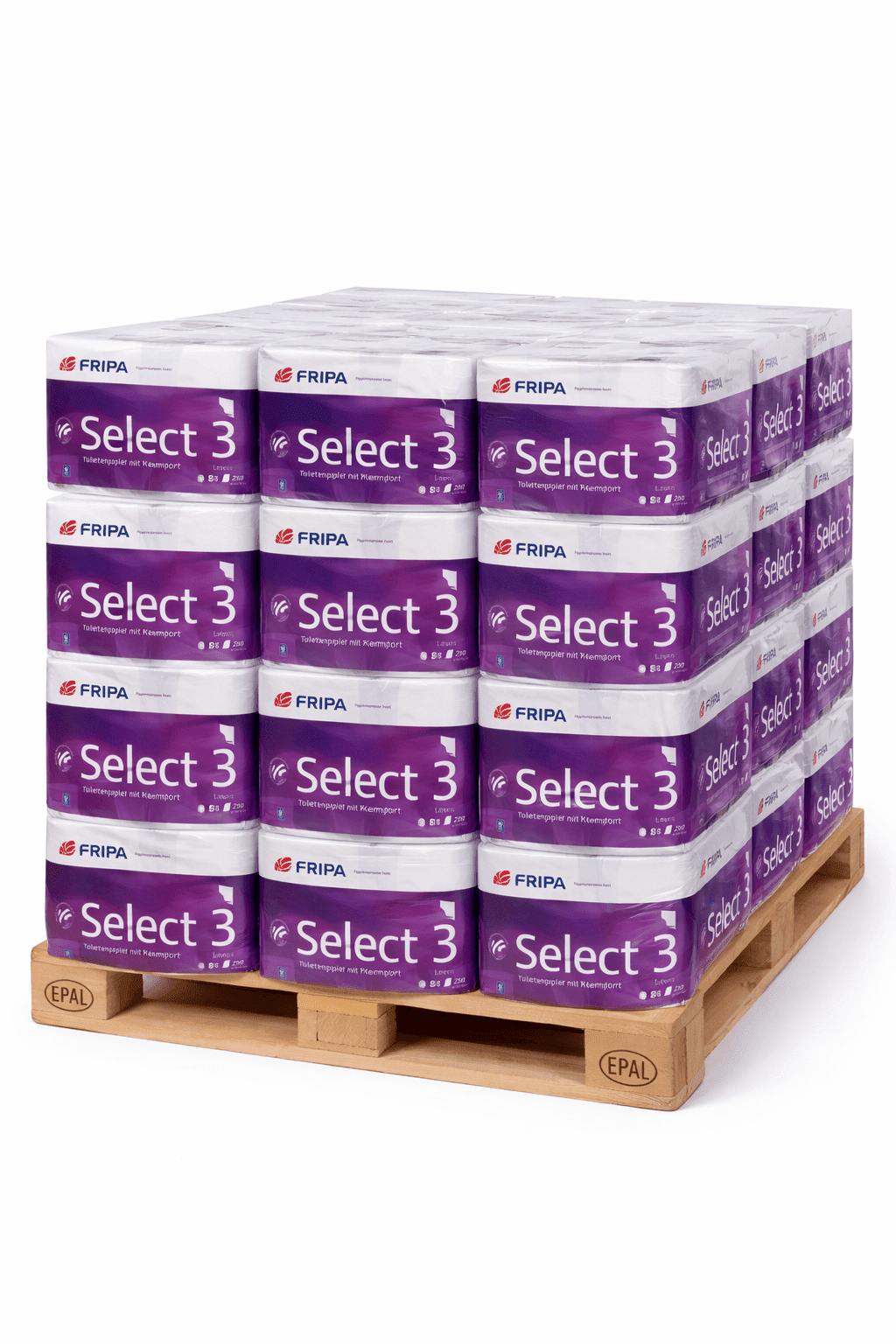 Fripa Select 3 Toilettenpapierpalette Komplette Palette Fripa Select 3 Toilettenpapierrollen in lila und weißer Verpackung für die professionelle Gebäudereinigung