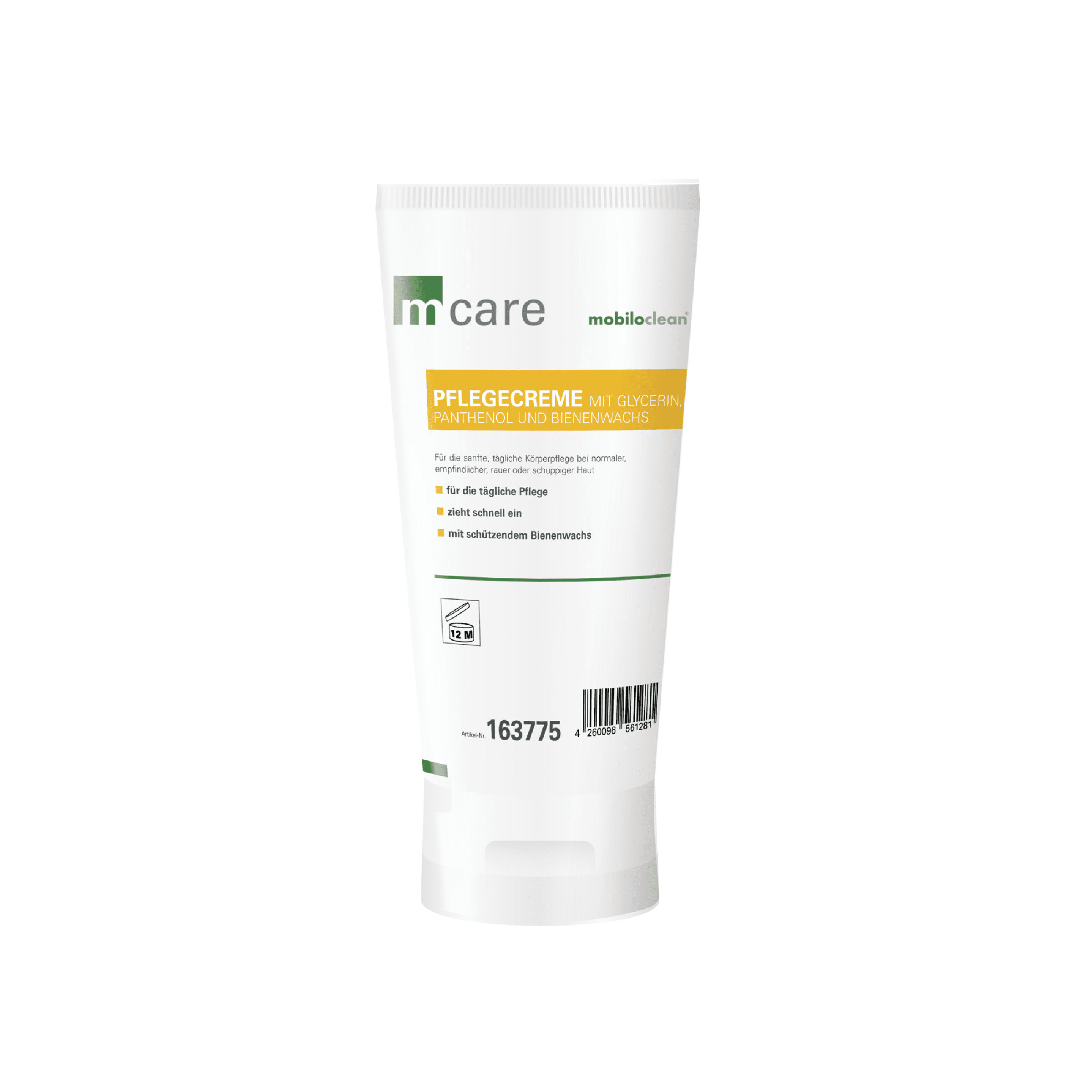 mcare Pflegecreme 200 ml von Mobiloclean mcare Pflegecreme in Tube mit sichtbarem Etikett und Inhalt