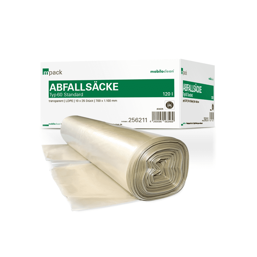 Mobiloclean Abfallsäcke Typ 60 Standard, transparent, auf Rolle, vor weißer Verpackung für Gebäudereinigung Mobiloclean Abfallsäcke Typ 60 Standard, transparent, auf Rolle, vor weißer Verpackung für Gebäudereinigung