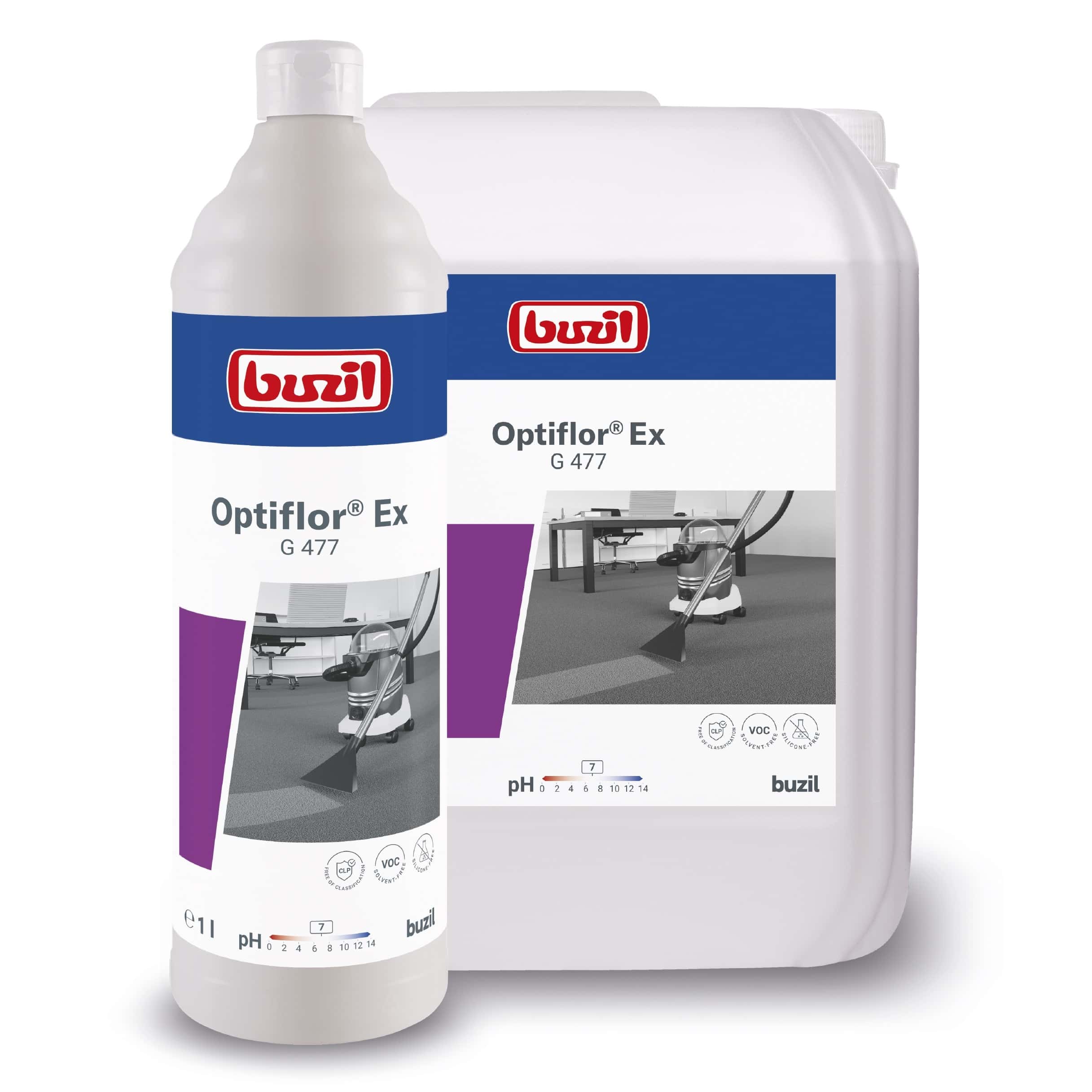 Buzil Optiflor Ex G 477 Reinigungslösung Buzil Optiflor Ex G 477 in Flasche und Kanister mit Etiketten