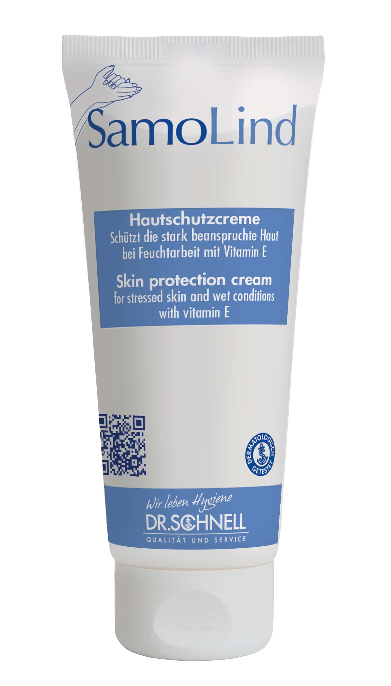 SamoLind Hautschutzcreme von Dr. Schnell in weißer Tube mit blauem Etikett für beanspruchte Haut SamoLind Hautschutzcreme von Dr. Schnell in weißer Tube mit blauem Etikett für beanspruchte Haut