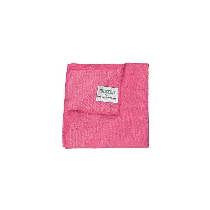 Rosa Mikrofaser-Reinigungstuch von Unger Rosa Unger Mikrofaser-Reinigungstuch mit sichtbarem Markenetikett für die professionelle Oberflächenreinigung in der Gebäudewartung