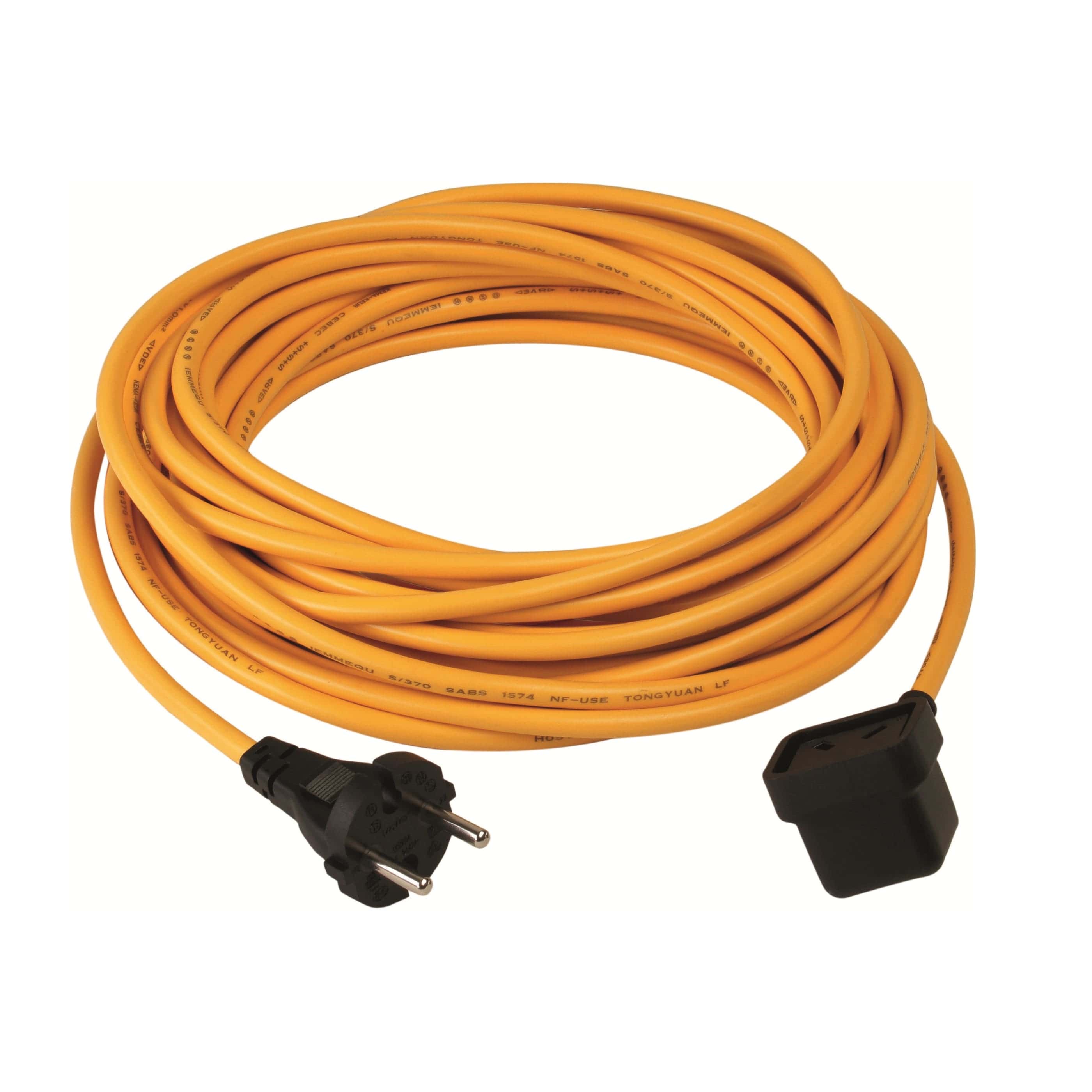 Nucable-Stromkabel 2x1,0mm² 10m Gelbes Nucable-Stromkabel mit Stecker und Buchse, 10 Meter lang.