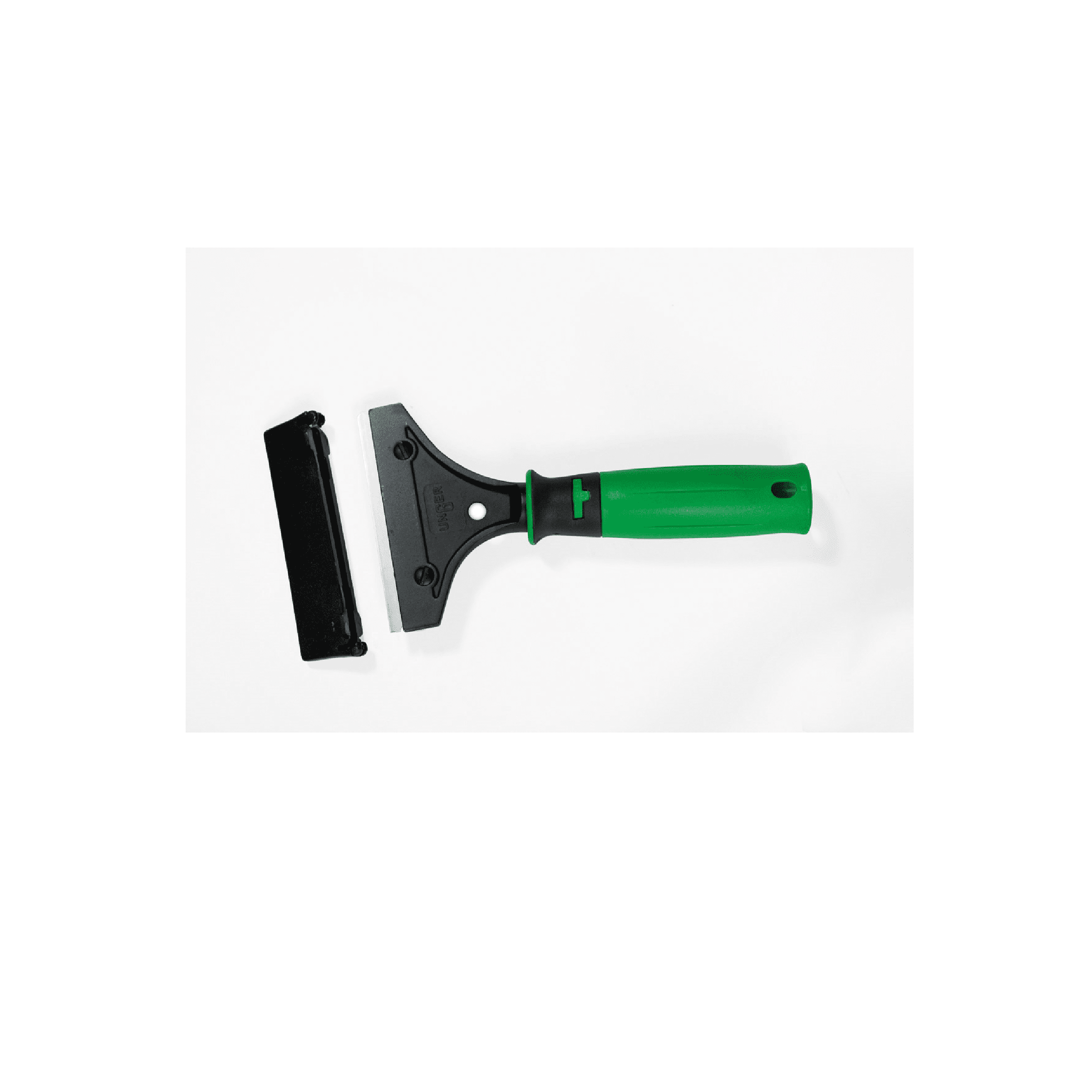 Unger Glasschaber mit grünem Griff Unger Glasschaber mit grünem, ergonomischem Griff und schützender Klingenabdeckung für professionelle Fensterreinigungsaufgaben