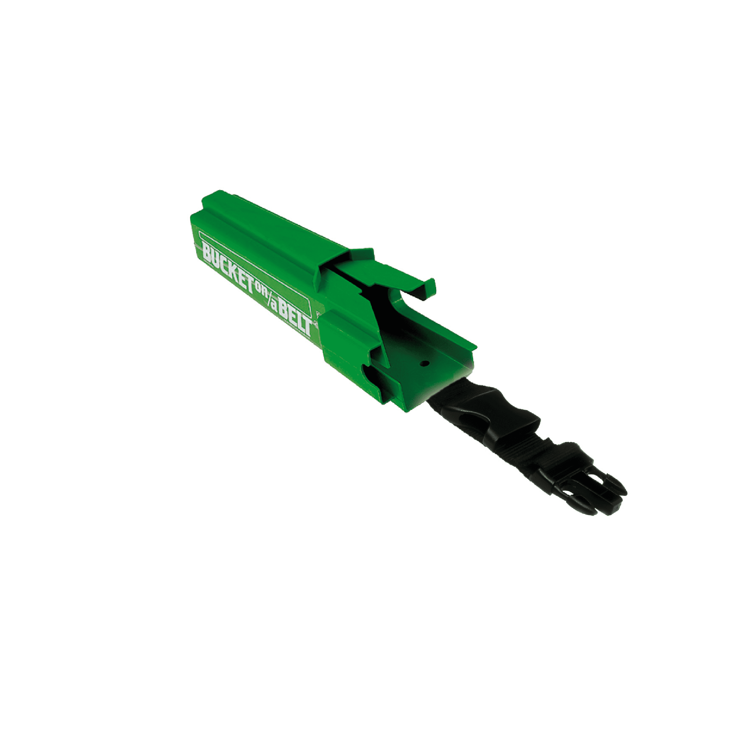 Eimer auf einem Gürtelhalter für Reinigungswerkzeuge Grüner Eimer an einem Gürtelhalter mit schwarzem Riemen für Reinigungswerkzeuge.