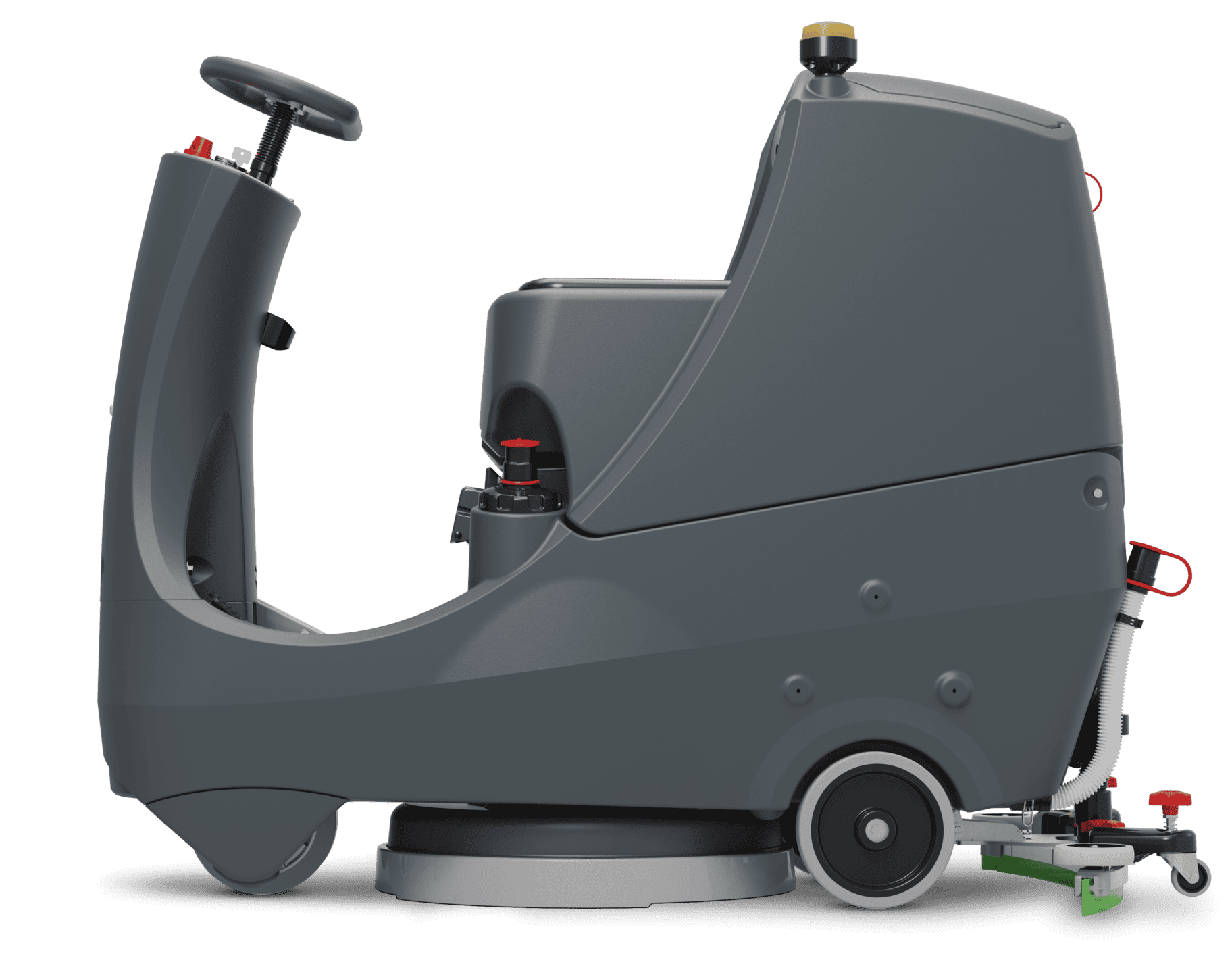 Aufsitz-Scheuersaugmaschine Aufsitz-Scheuersaugmaschine mit grauem Gehäuse, Lenkrad und hinterem Saugfuß für die professionelle Bodenreinigung