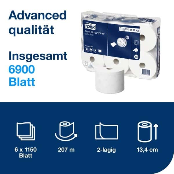 Tork SmartOne Toilettenpapierrollen Tork SmartOne® Toilettenpapierrollen in Verpackung, insgesamt 6900 Blatt.