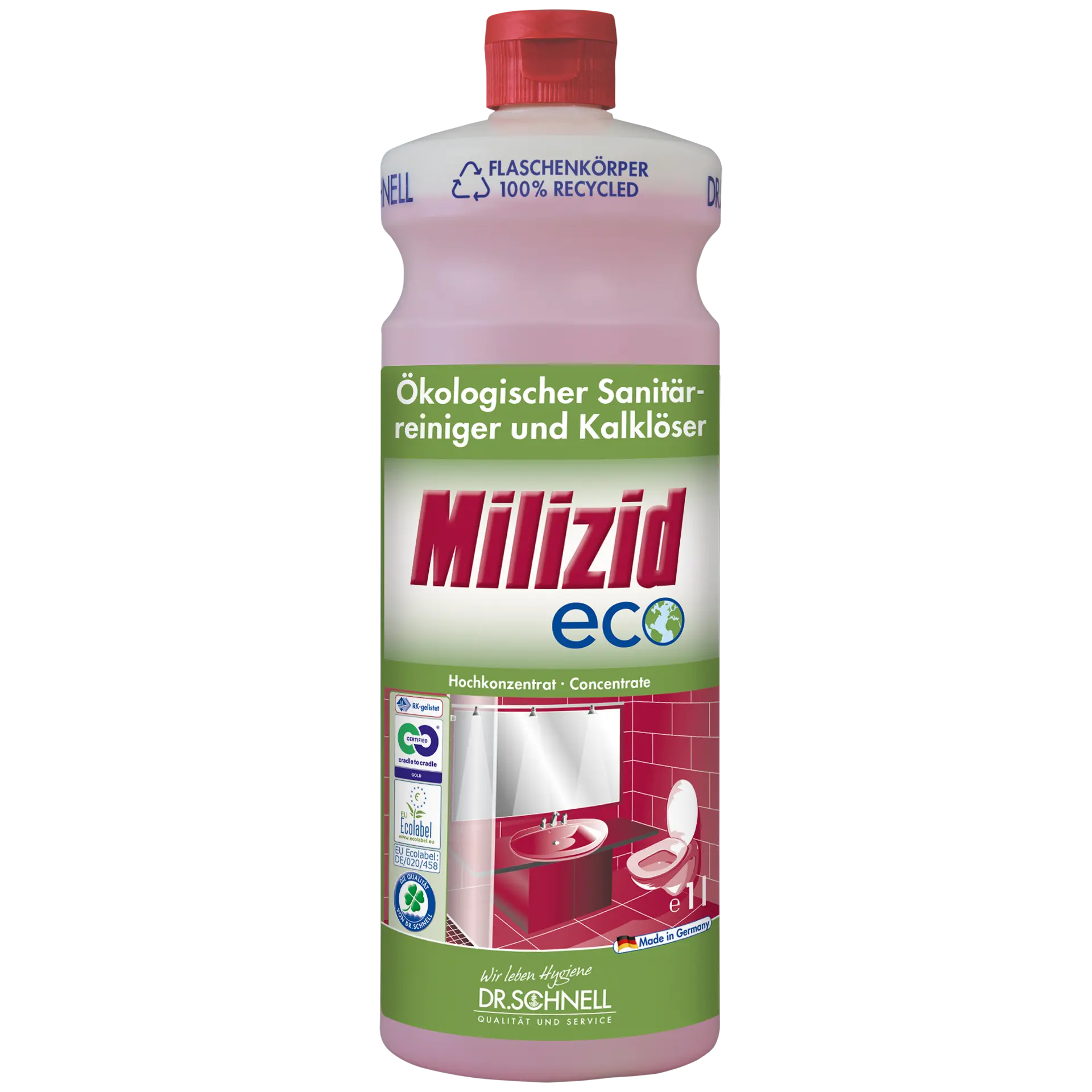 Milizid eco ökologischer Sanitärreiniger und Kalklöser in roter Flasche mit grünem Etikett für professionelle Sanitärreinigung Milizid eco ökologischer Sanitärreiniger und Kalklöser in roter Flasche mit grünem Etikett für professionelle Sanitärreinigung