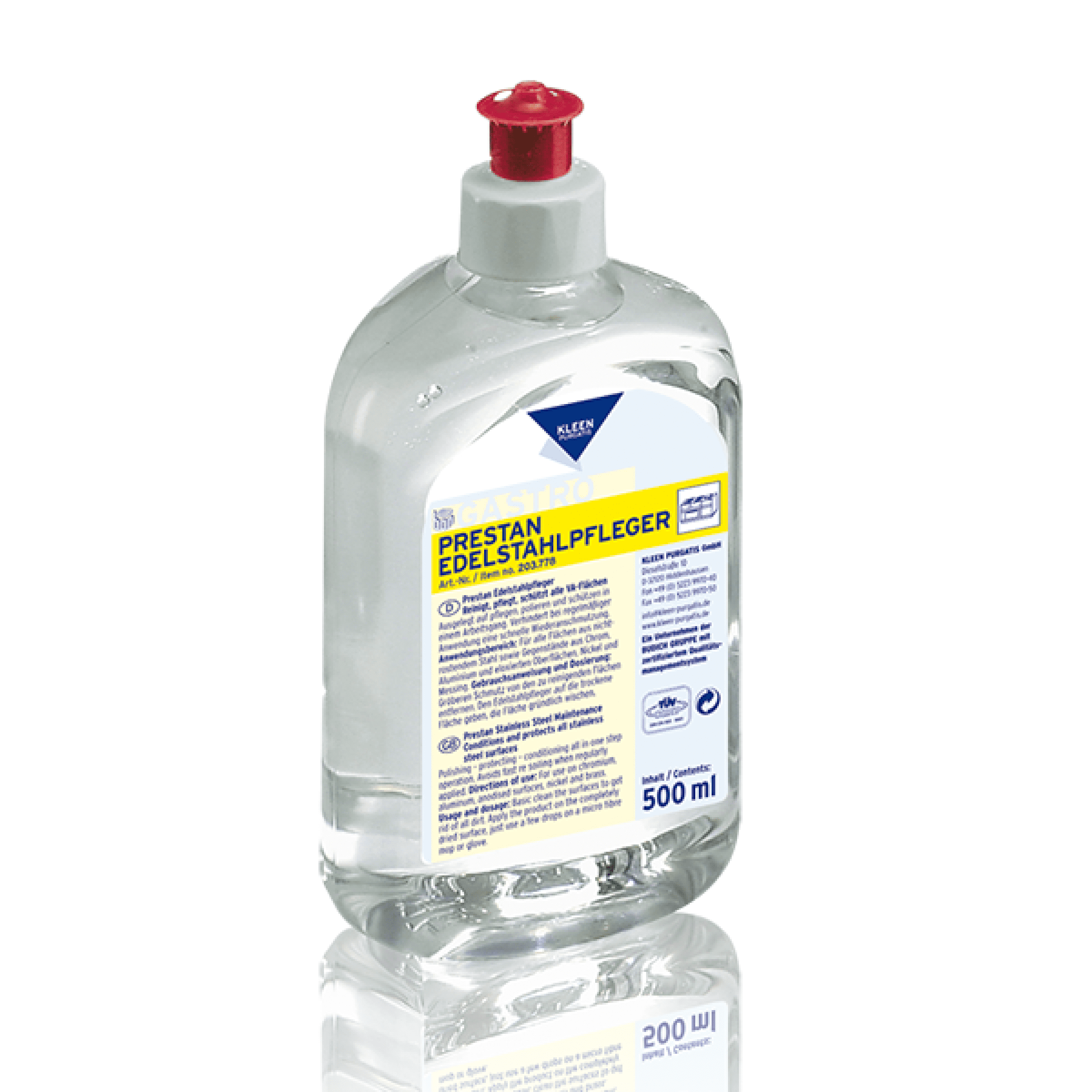 Prestan Edelstahlpfleger 500ml Flasche Prestan Edelstahlpfleger in Flasche mit sichtbarem Etikett und Dosierkopf