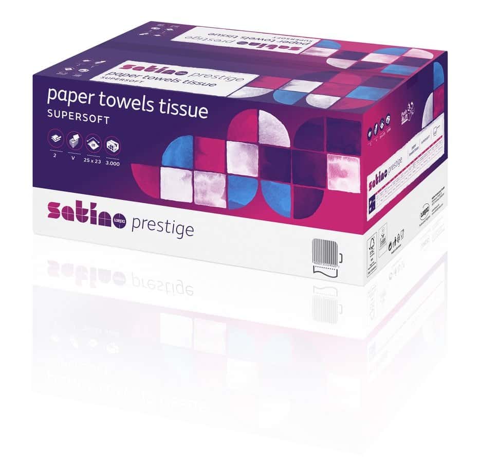 Satino Prestige Papiertücher Tissue Supersoft im Karton mit lila-weiß-blauem Design für professionelle Gebäudereinigung Satino Prestige Papiertücher Tissue Supersoft im Karton mit lila-weiß-blauem Design für professionelle Gebäudereinigung