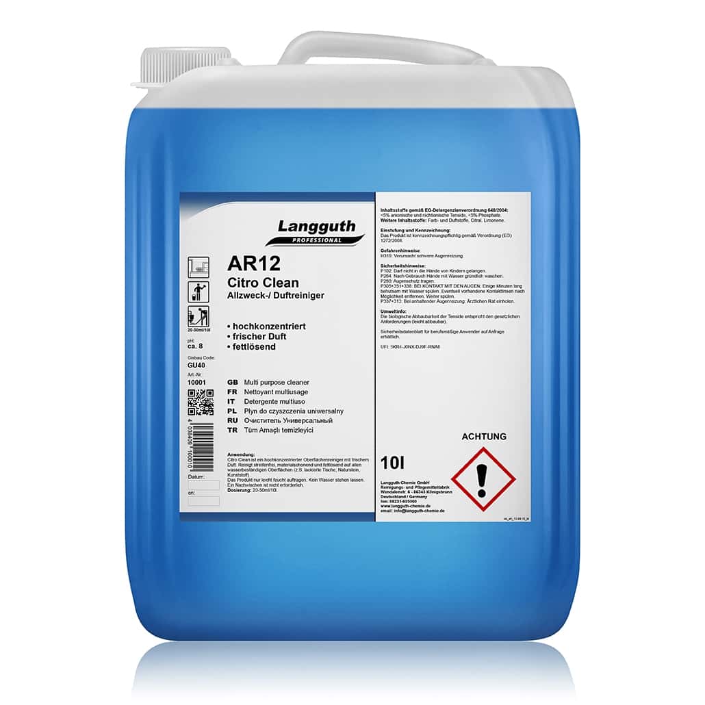 Langutth AR12 Citro Clean Allzweckreiniger im blauen 10-Liter-Kanister mit weißem Etikett für professionelle Reinigung Langutth AR12 Citro Clean Allzweckreiniger im blauen 10-Liter-Kanister mit weißem Etikett für professionelle Reinigung