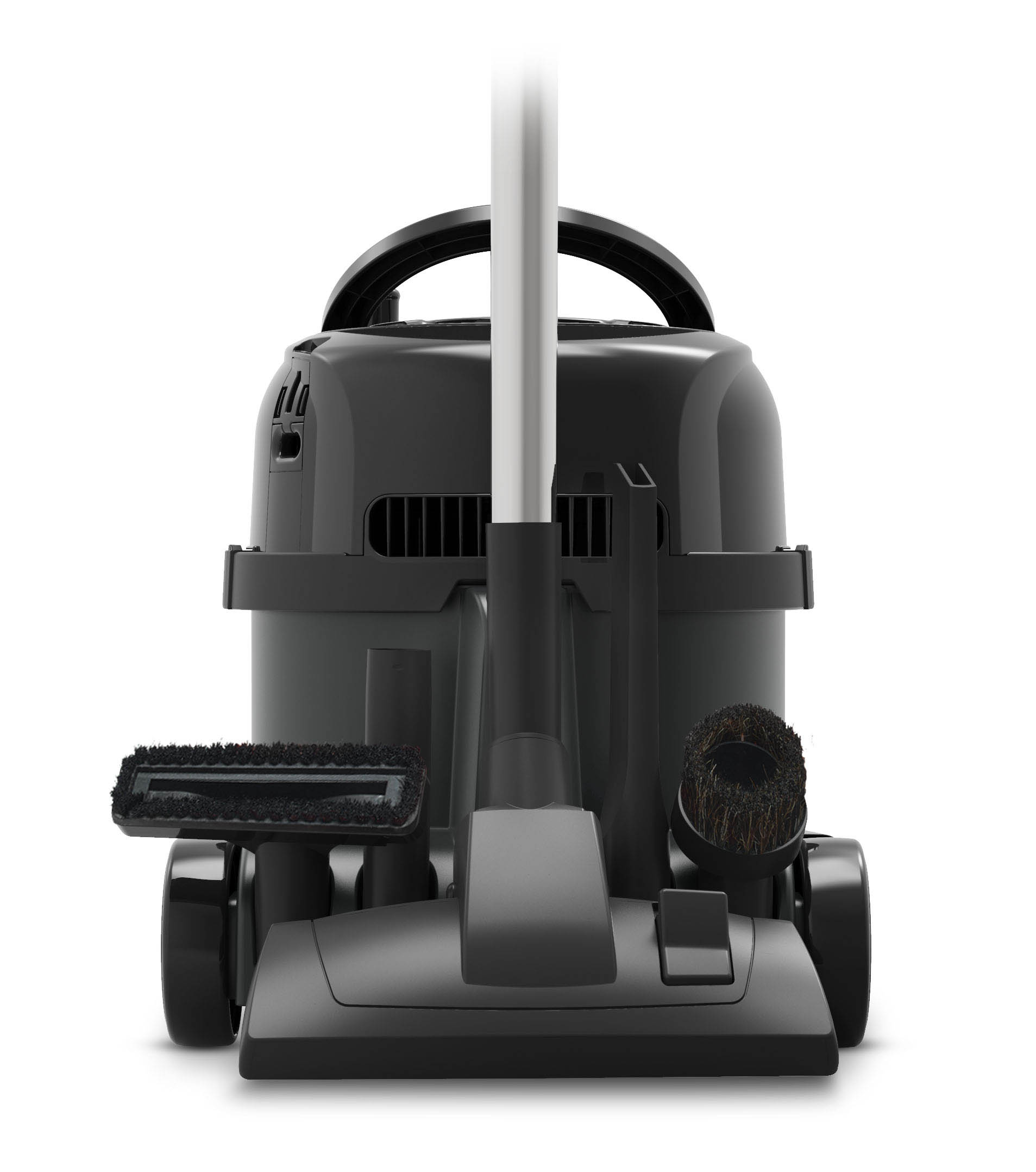 Schwarzer Trockensauger mit Bodendüse, Fugendüse und Bürstenaufsatz für professionelle Gebäudereinigung und Gewerbe