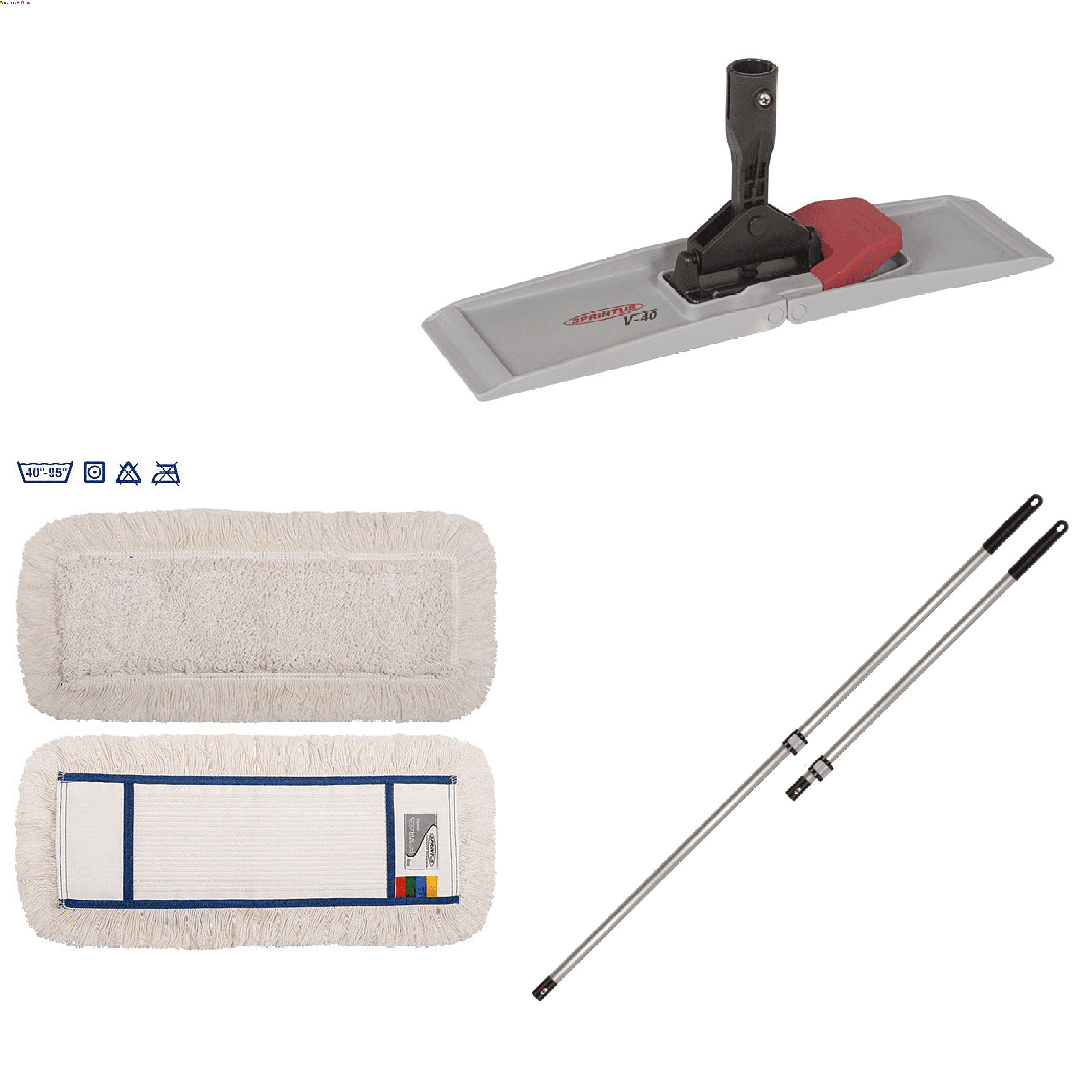 Sprintus V-40 Mopphalter mit roter Klemmvorrichtung und zwei weißen Wischmopps für professionelle Bodenreinigung Sprintus V-40 Mopphalter mit roter Klemmvorrichtung und zwei weißen Wischmopps für professionelle Bodenreinigung