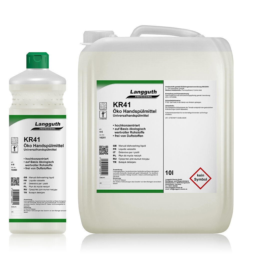 KR41 Öko Handspülmittel in Flasche und Kanister mit Etikett.