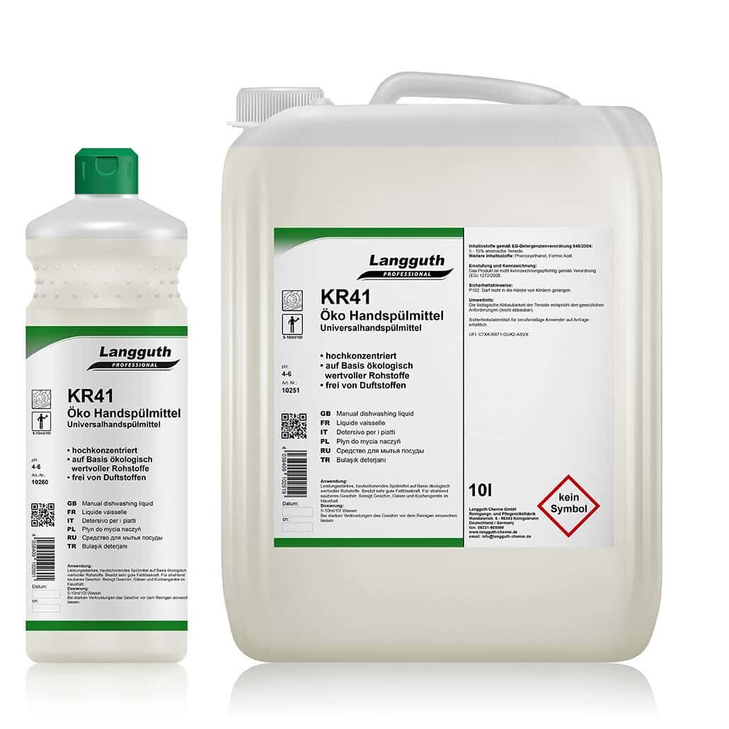 KR41 Öko Handspülmittel von Langguth KR41 Öko Handspülmittel in Flasche und Kanister mit Etikett.