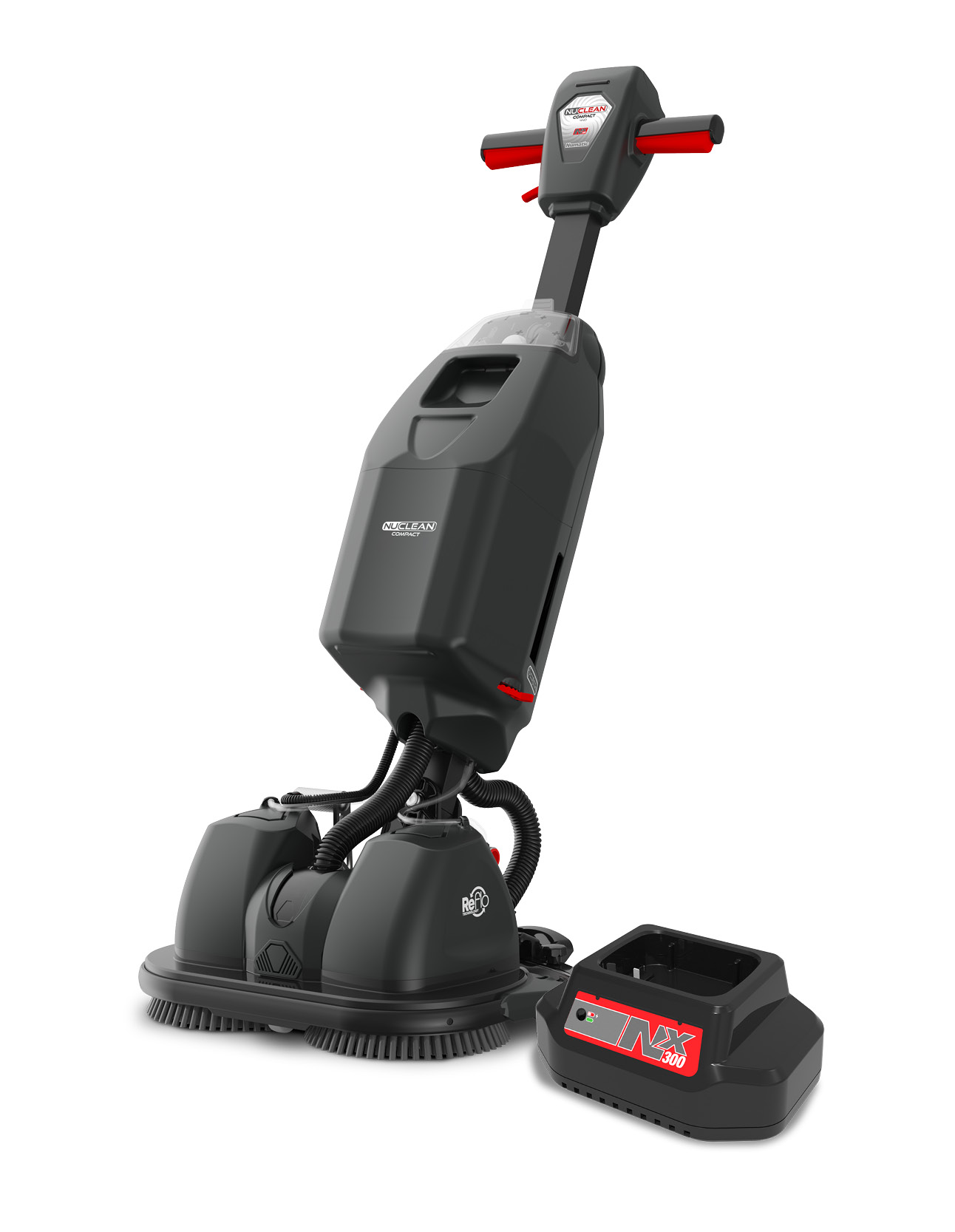 Numatic NUCLEAN Kompakte Scheuersaugmaschine mit Akku und Doppelbürstenkopf für die professionelle Bodenreinigung im Gewerbe