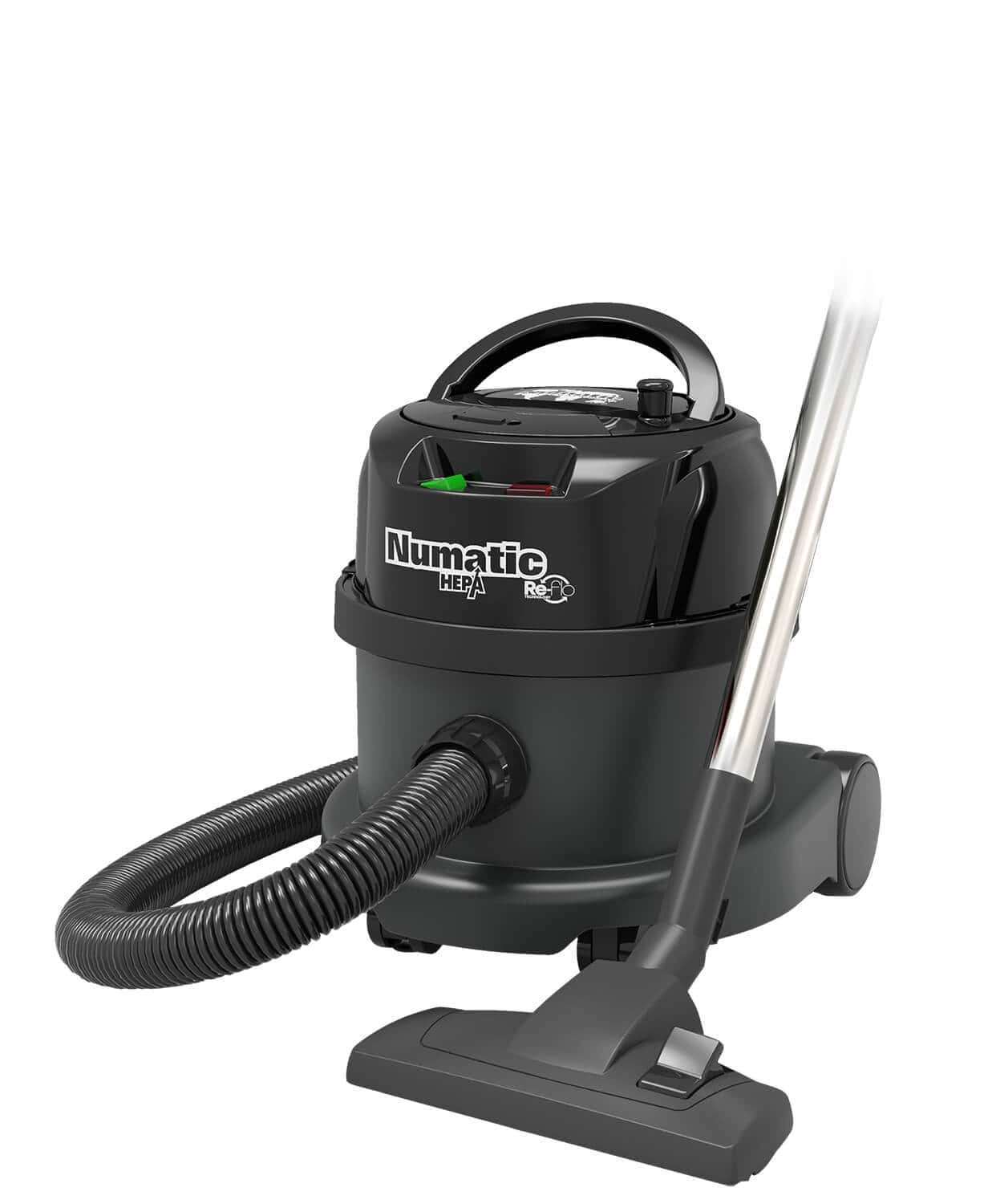 Numatic HEPA-Staubsauger Numatic HEPA-Staubsauger mit schwarzem Gehäuse und Bodendüse für die professionelle Trockenreinigung in Gewerbegebäuden
