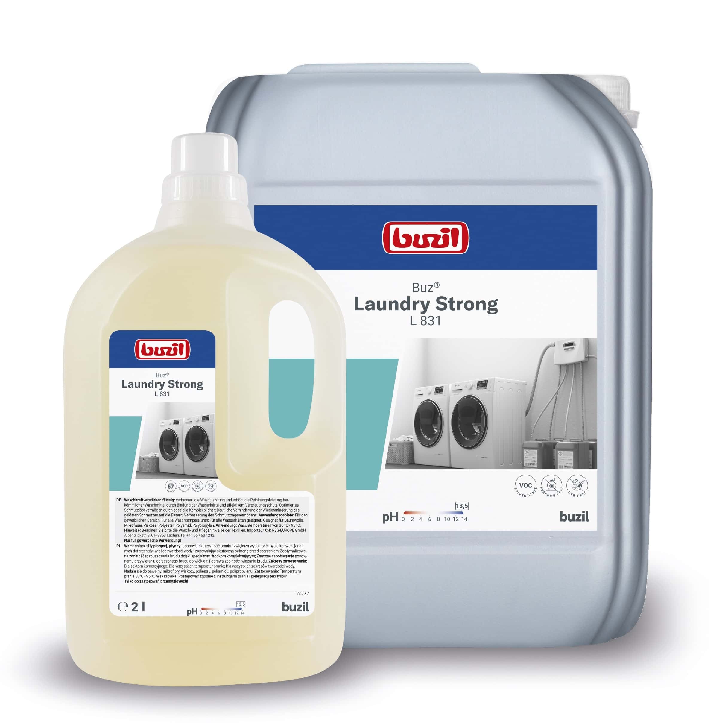 Buzil Laundry Strong L 831 Reinigungsprodukte Buzil Laundry Strong L 831 in Flasche und Kanister mit Etiketten
