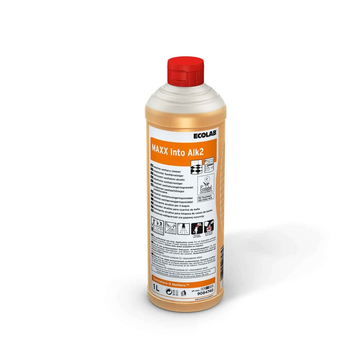 Ecolab MAXX Into Alk2 Sanitärreiniger 1L Ecolab MAXX Into Alk2 Sanitärreiniger in der 1-Liter-Flasche mit rotem Verschluss für die professionelle Anlagenwartung