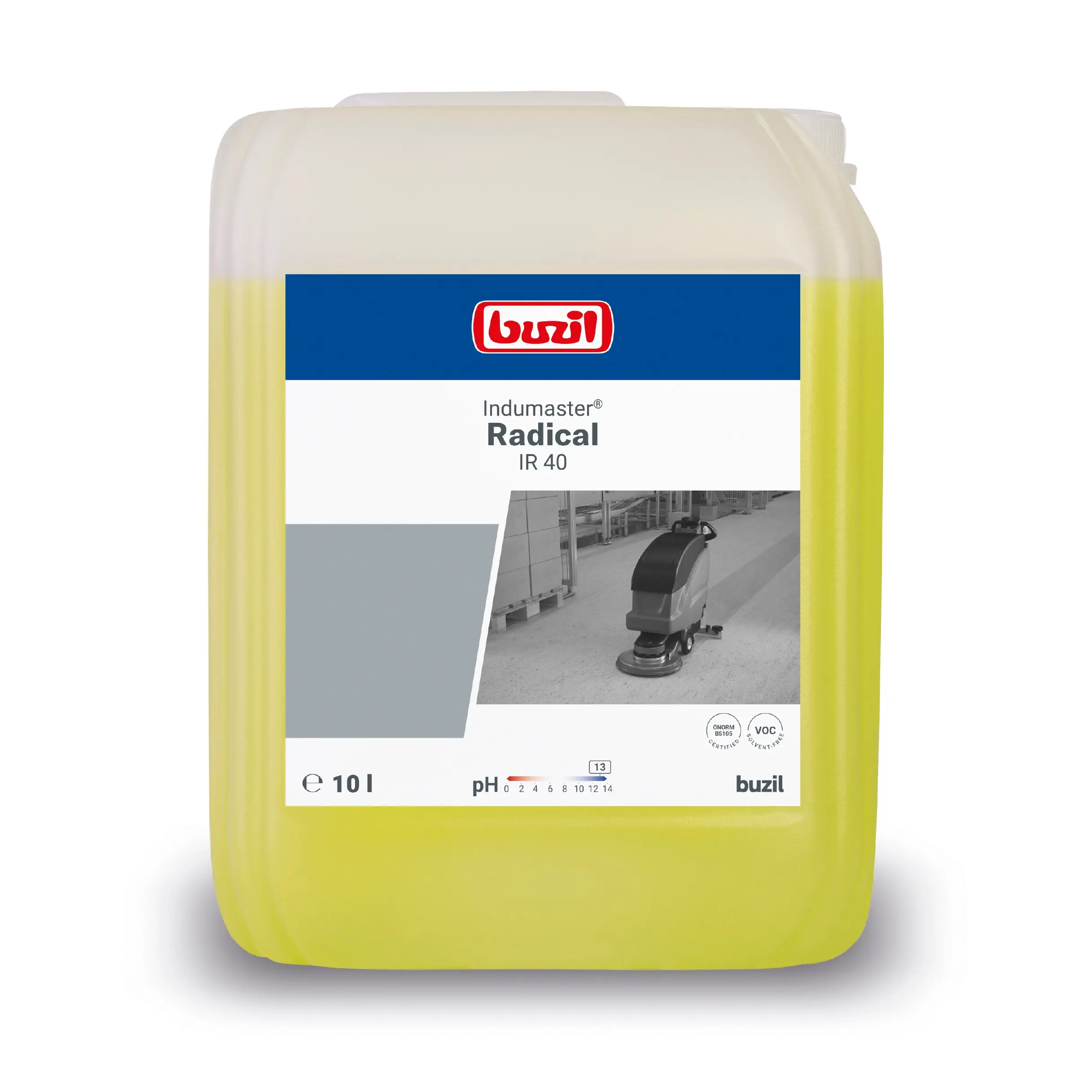 Buzil Indumaster Radical IR 40 Reinigungsmittel im Kanister mit gelbem Etikett für professionelle Bodenreinigung Buzil Indumaster Radical IR 40 Reinigungsmittel im Kanister mit gelbem Etikett für professionelle Bodenreinigung