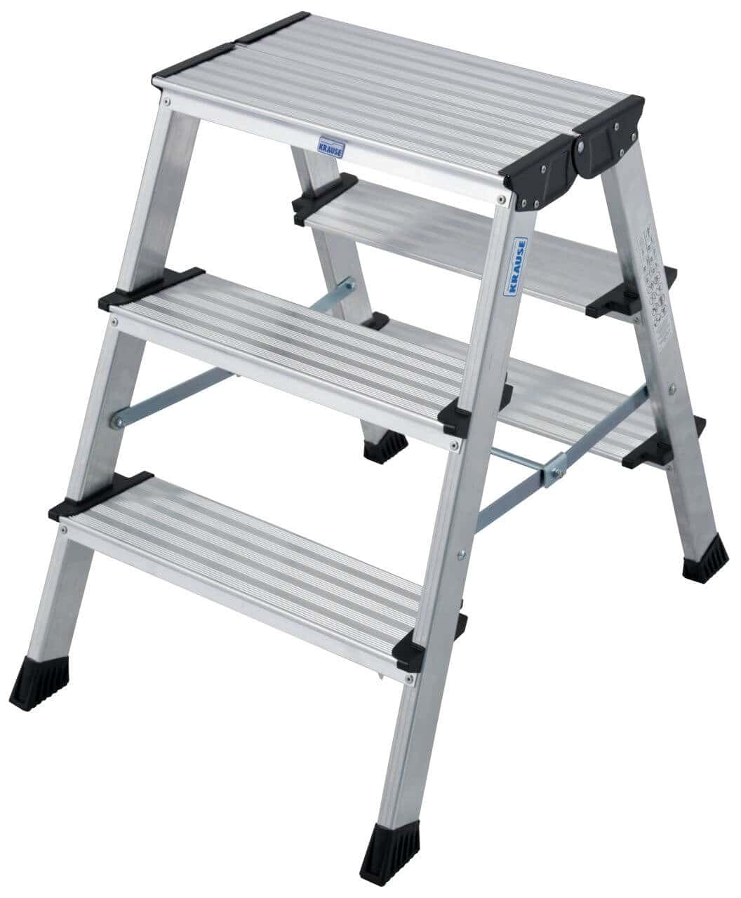 Doppelseitige Trittleiter aus Aluminium von Krause Doppelseitige Trittleiter aus Aluminium von Krause mit drei breiten, gerippten Stufen und schwarzen, rutschfesten Füßen für den professionellen Einsatz