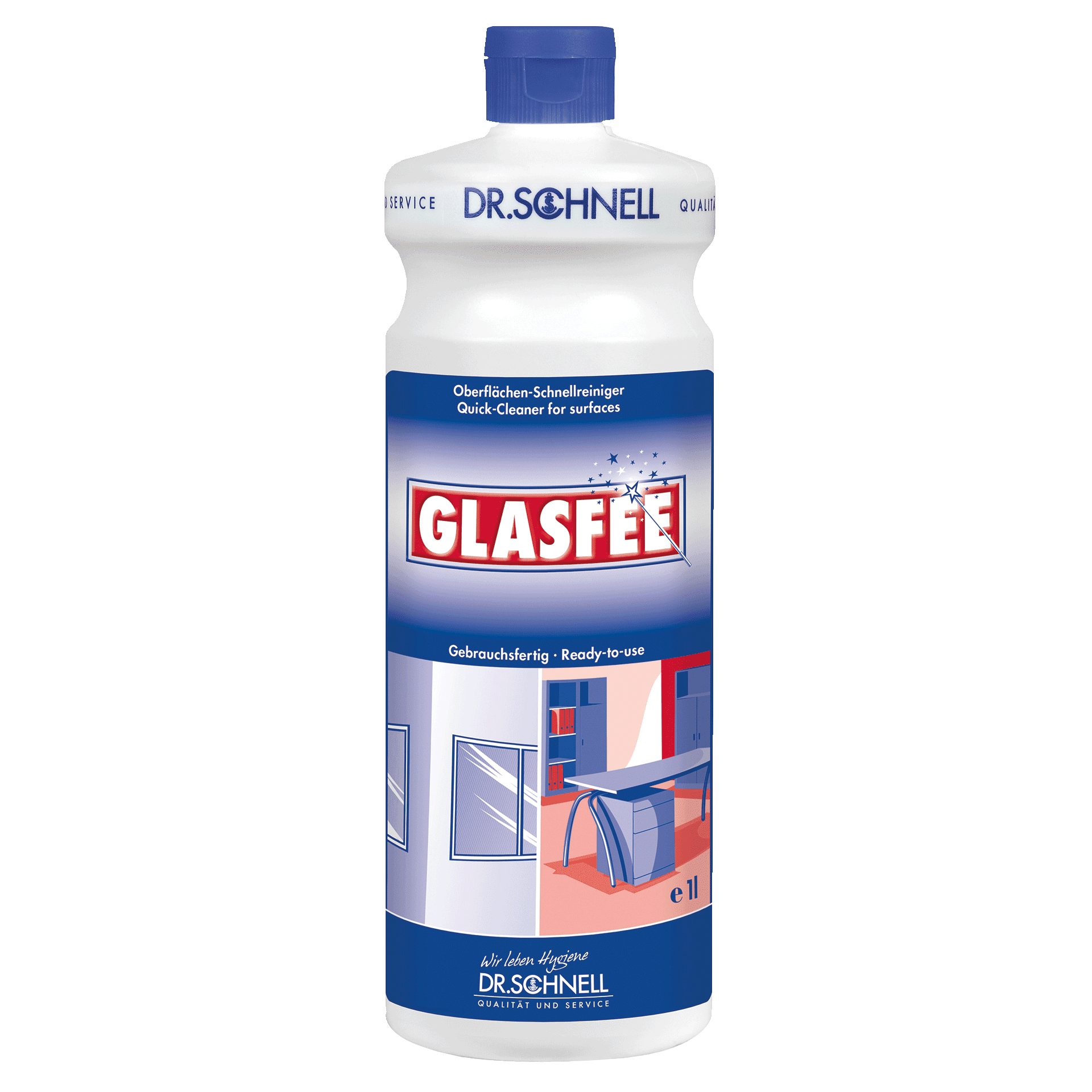 Dr. Schnell Glasfee Glasreiniger in weißer Flasche mit blauem Schraubverschluss für streifenfreie Fensterreinigung Dr. Schnell Glasfee Glasreiniger in weißer Flasche mit blauem Schraubverschluss für streifenfreie Fensterreinigung