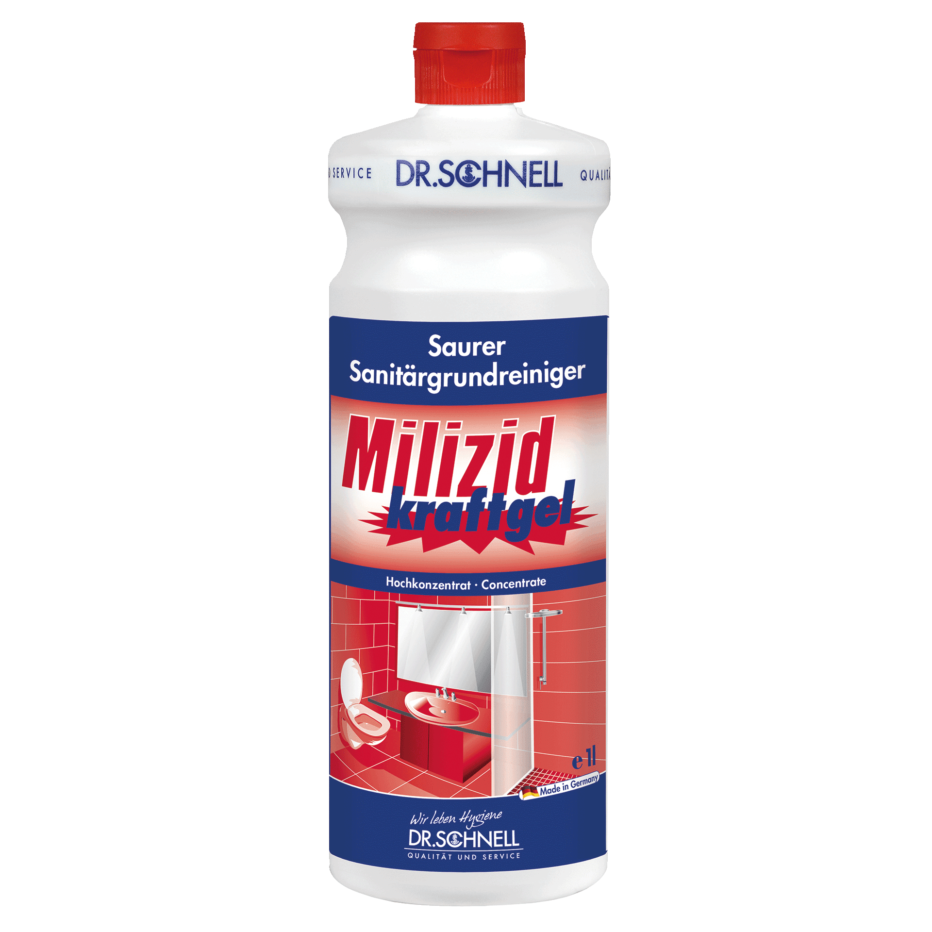 Dr. Schnell Milizid Kraftgel Sanitärreiniger Dr. Schnell Milizid Kraftgel saurer Sanitärreiniger in der 1-Liter-Flasche für die professionelle Badreinigung