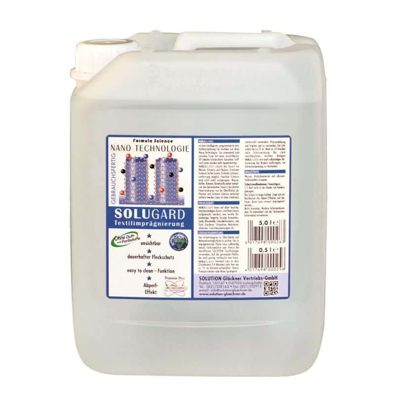 SOLUGARD Textilimprägnierung 5L Kanister 5-Liter-Kanister SOLUGARD Textilimprägnierung mit Etikettendetails.