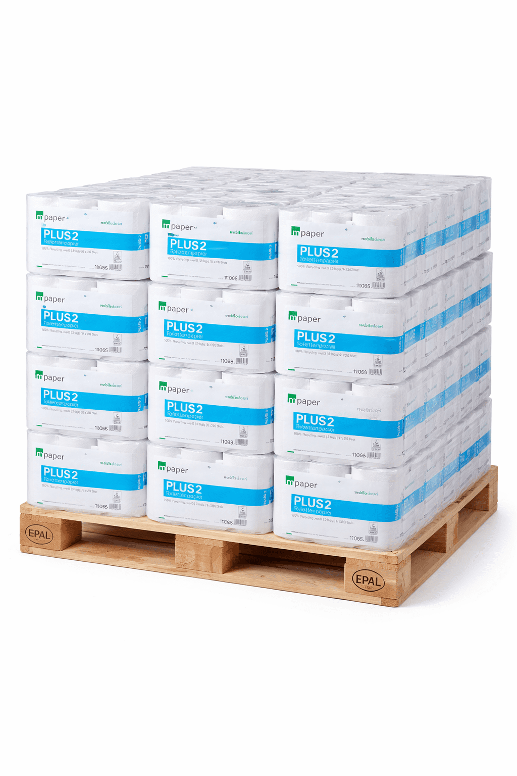 Große Palette mit weißen Toilettenpapierrollen, einzeln in Plastik verpackt mit blauen und grünen Etiketten, bereit für den kommerziellen Einsatz. Große Palette mit weißen Toilettenpapierrollen, einzeln in Plastik verpackt mit blauen und grünen Etiketten, bereit für den kommerziellen Einsatz.