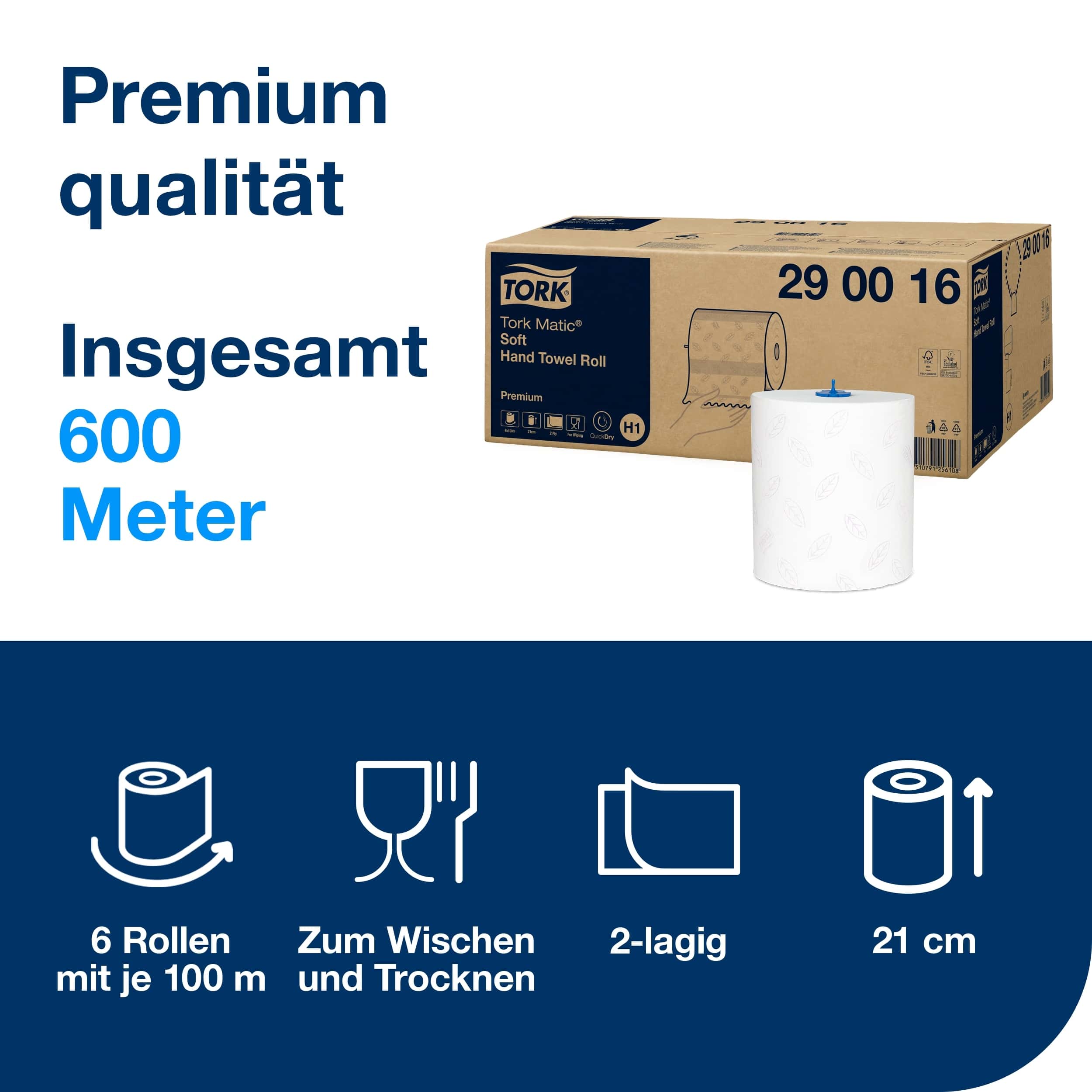 Tork Matic weiche Handtuchrolle Tork Matic Soft Handtuchrolle mit Verpackung, 600 Meter Gesamtlänge.