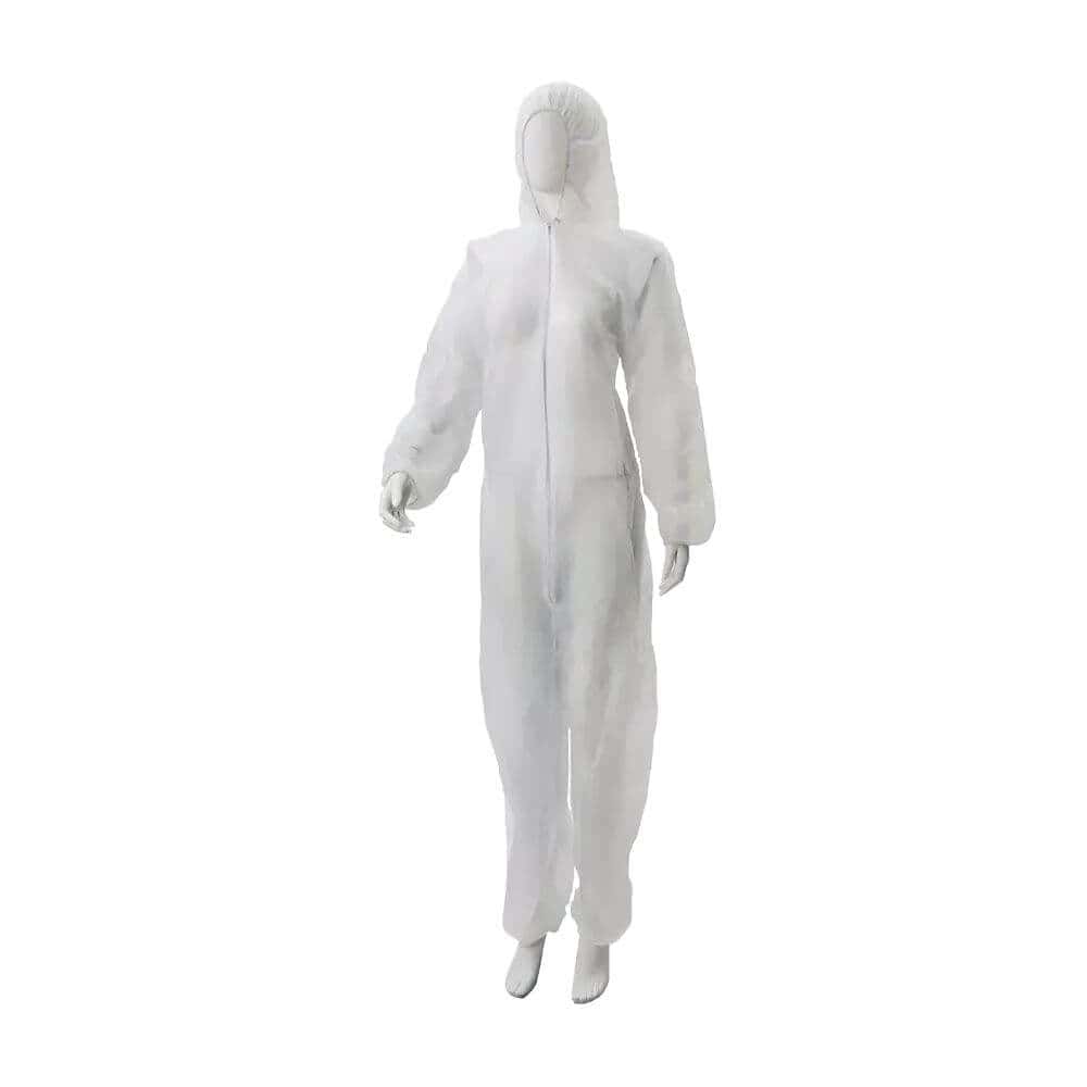 Weißer Schutzoverall Weißer Schutzanzug mit Kapuze, getragen von einer Schaufensterpuppe für professionelle Hygiene und Sicherheit in der industriellen Reinigung
