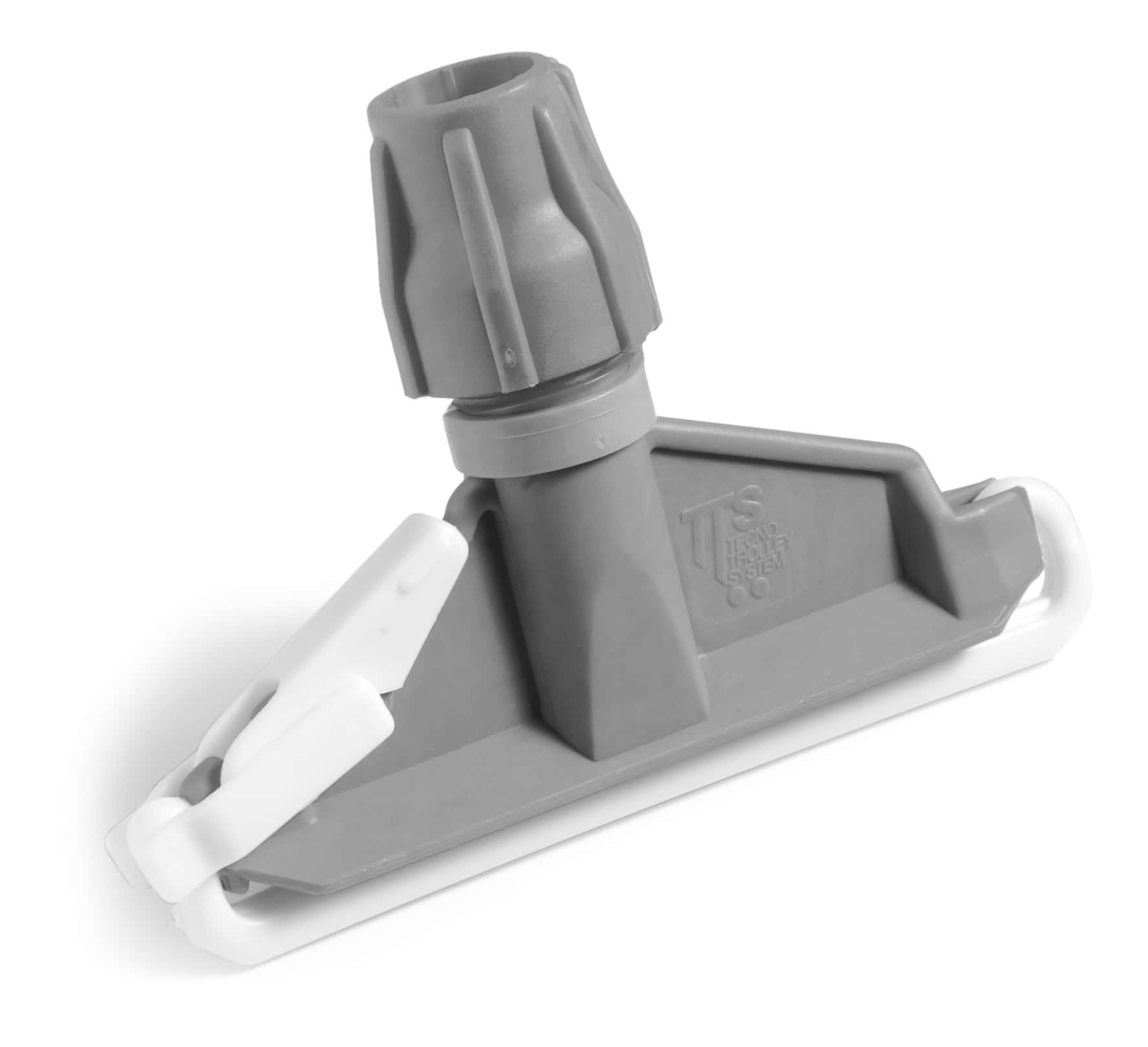 Grauer Mopphalter mit weißem Klemmmechanismus und „TTS Tecno Trolley System“ Logo für professionelle Gebäudereinigung Grauer Mopphalter mit weißem Klemmmechanismus und „TTS Tecno Trolley System“ Logo für professionelle Gebäudereinigung