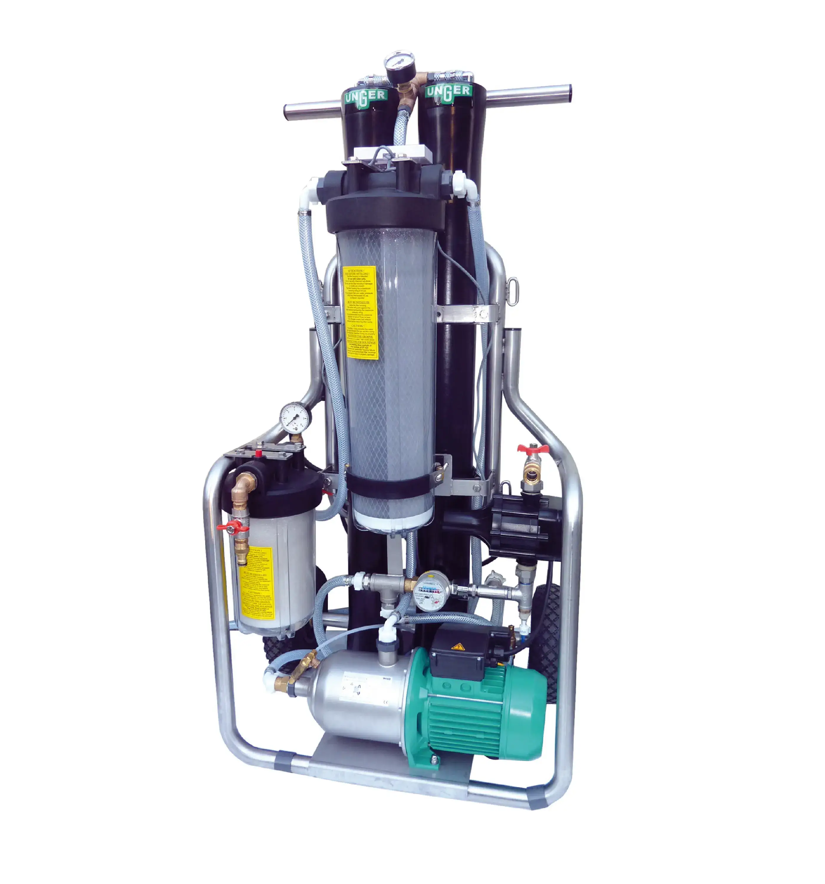 Unger Wasseraufbereitungssystem Unger Wasseraufbereitungssystem mit Metallrahmen, Filterkartuschen und grüner Pumpe für die professionelle Fensterreinigung