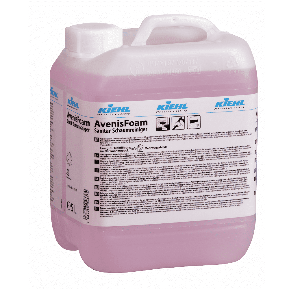 Kiehl Avenis Foam Sanitär-Schaumreiniger im 5-Liter-Kanister mit rosa Flüssigkeit und weißem Etikett für Sanitärreinigung Kiehl Avenis Foam Sanitär-Schaumreiniger im 5-Liter-Kanister mit rosa Flüssigkeit und weißem Etikett für Sanitärreinigung