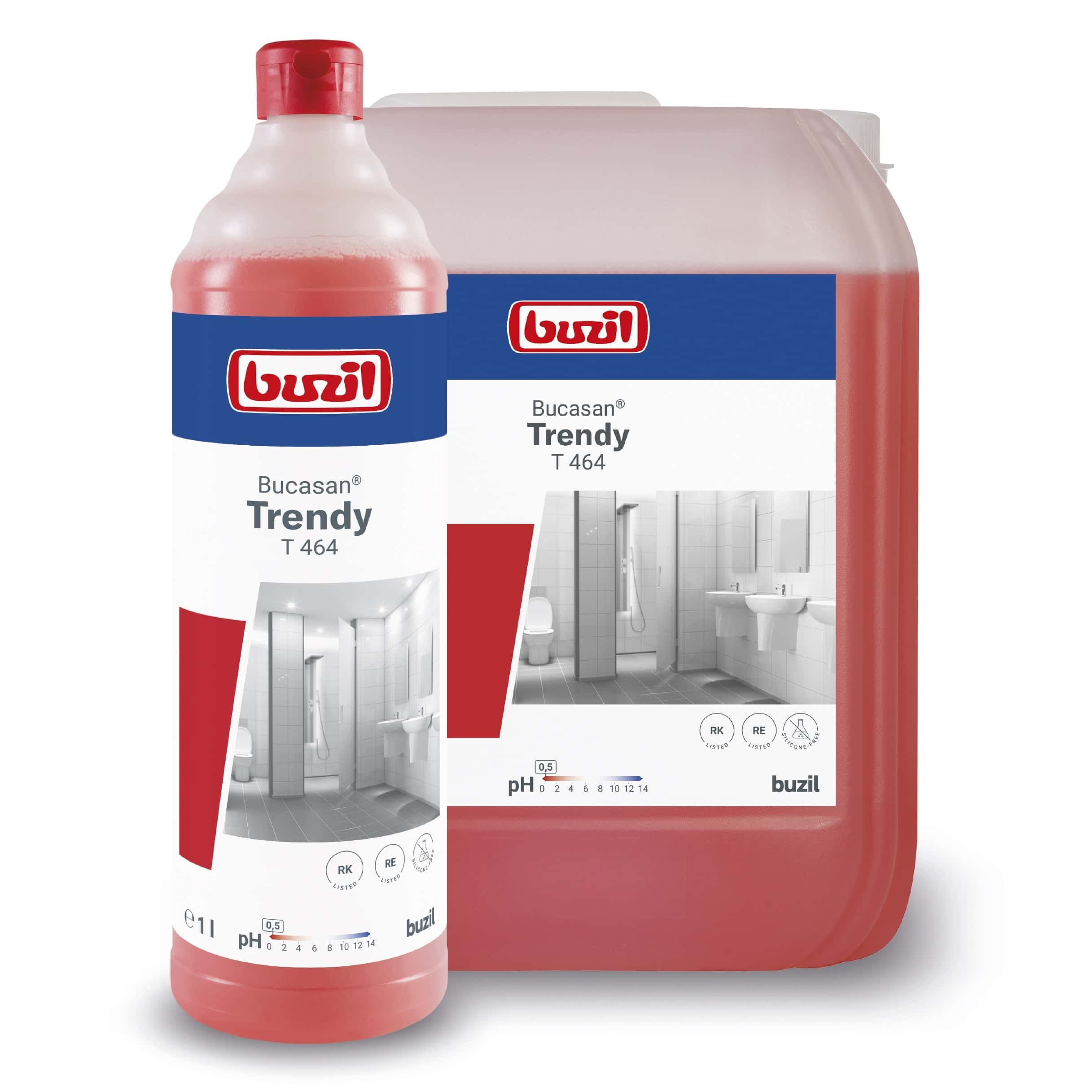 Buzil T464 Bucasan Trendy Sanitärreiniger Buzil T464 Bucasan trendiger Sanitärreiniger in einer Flasche und einem Kanister mit Etiketten