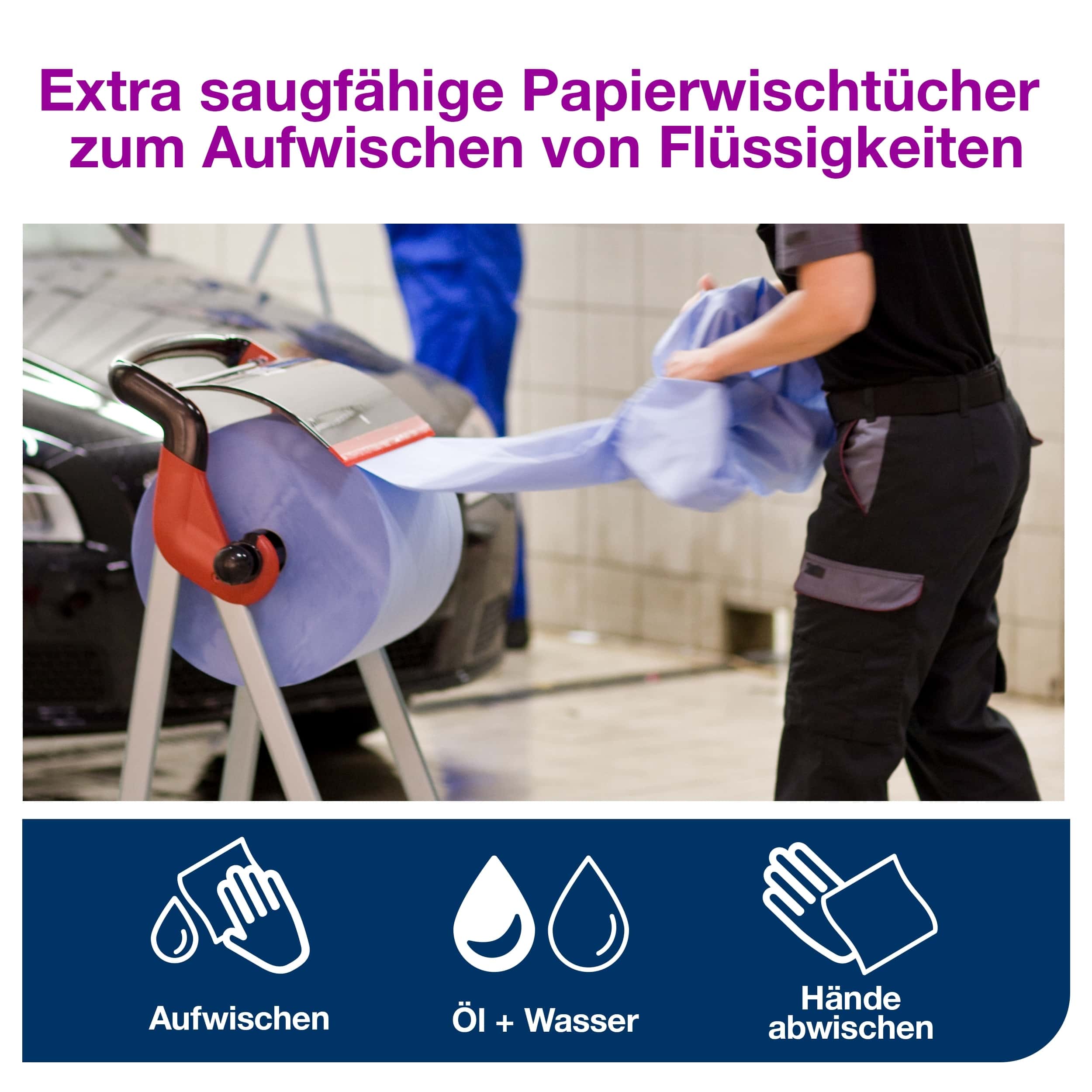 Tork Papierhandtücher zum Reinigen von Flüssigkeiten Tork-Papierhandtücher auf einem Spender für Reinigungsflüssigkeiten in einer Werkstatt.