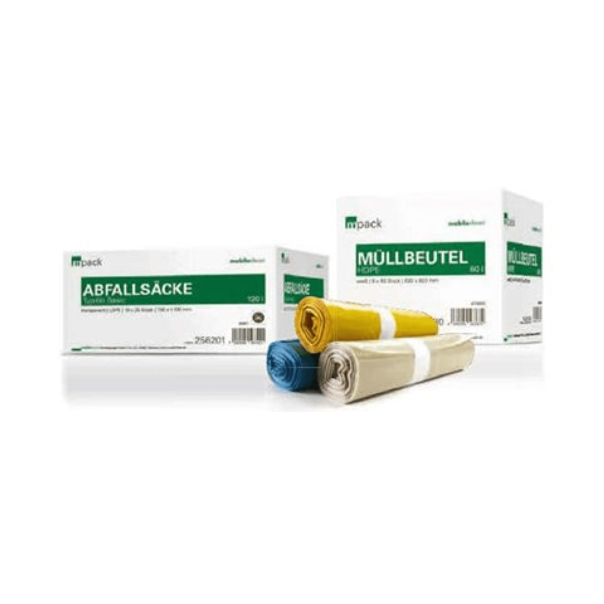 Professionelle Abfallbeutel und Müllbeutel Rollen mit blauen und gelben Müllsäcken vor zwei weißen Kartons mit der Aufschrift „Müllsäcke für gewerbliche Nutzung“.