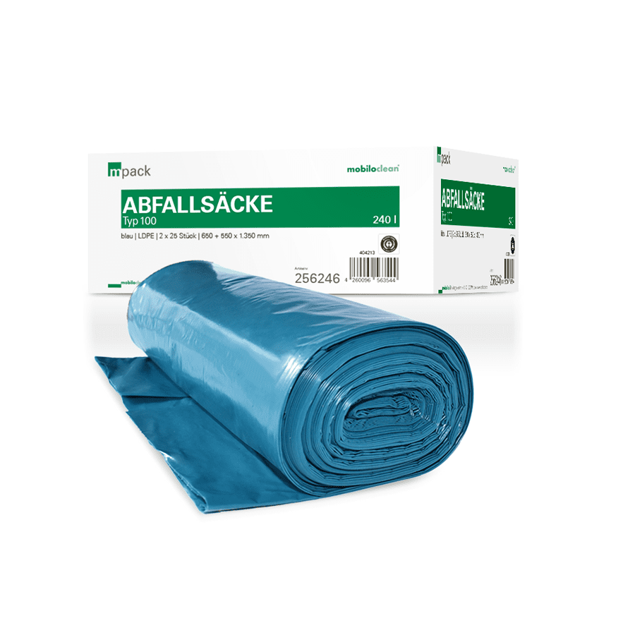 Mobilo Clean Abfallsäcke Typ 100, blaue Müllsäcke auf Rolle, 240 Liter, im Karton für professionelle Entsorgung Mobilo Clean Abfallsäcke Typ 100, blaue Müllsäcke auf Rolle, 240 Liter, im Karton für professionelle Entsorgung