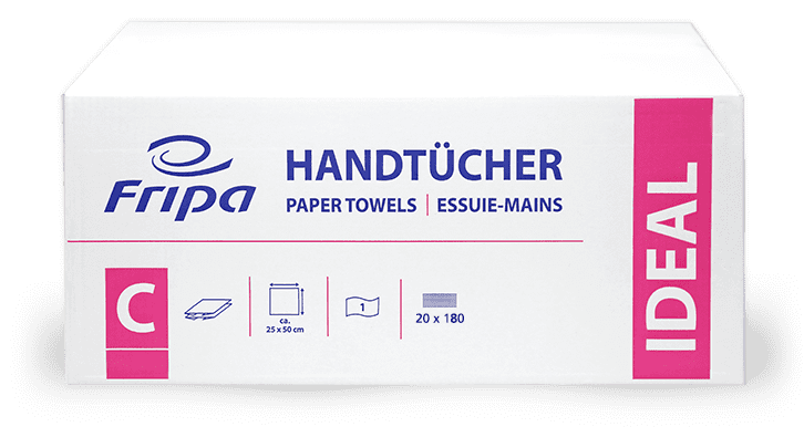 Verpackung von Fripa-Papierhandtüchern Fripa-Papierhandtuchverpackung mit Produktdetails und Abmessungen.
